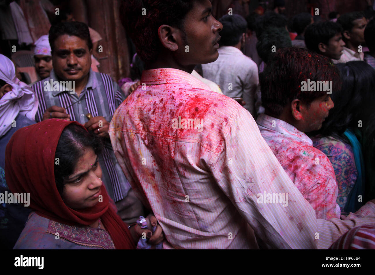 Holi celebrazioni in Vrindavan, India Foto Stock