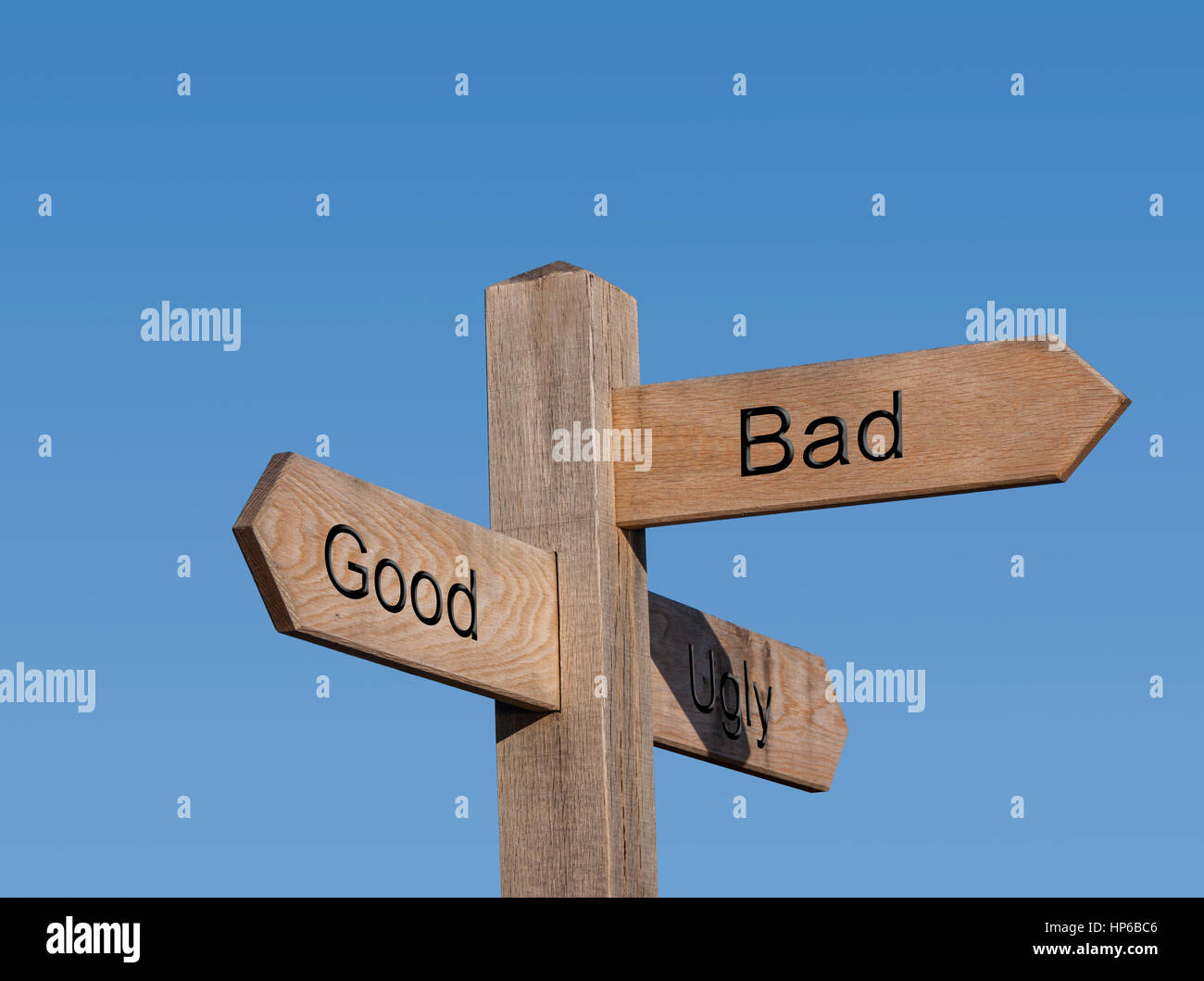 Il buono, il cattivo e il brutto segno posto, segno, post, modo, percorso, concetto di direzione, Foto Stock