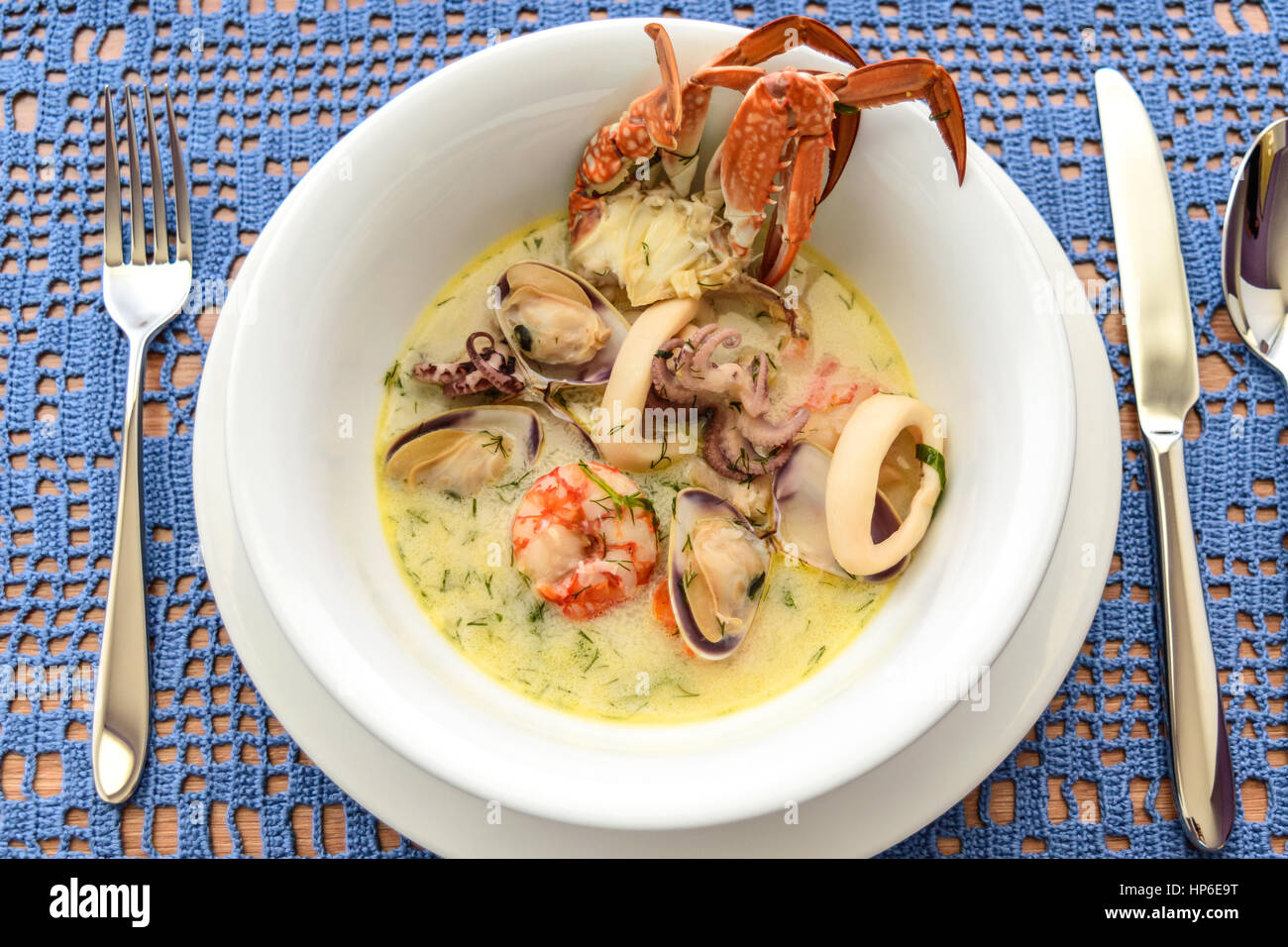 Zuppa cremosa con frutti di mare Foto Stock