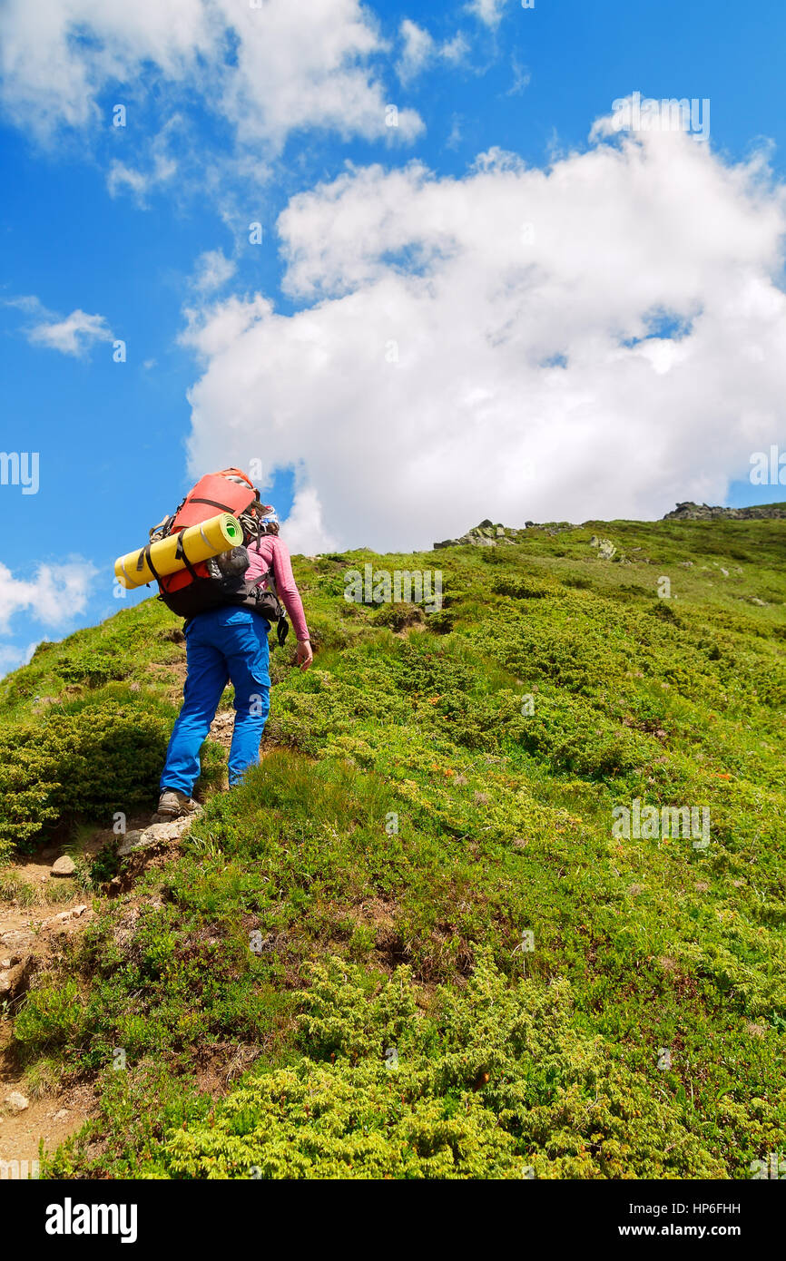 Giovani femmine escursionista in salita. Escursionismo. Escursione nelle montagne dei Carpazi. Escursionista andando fino al picco di montagna su un molto ripido sentiero. Il concetto di stile di vita di un Foto Stock