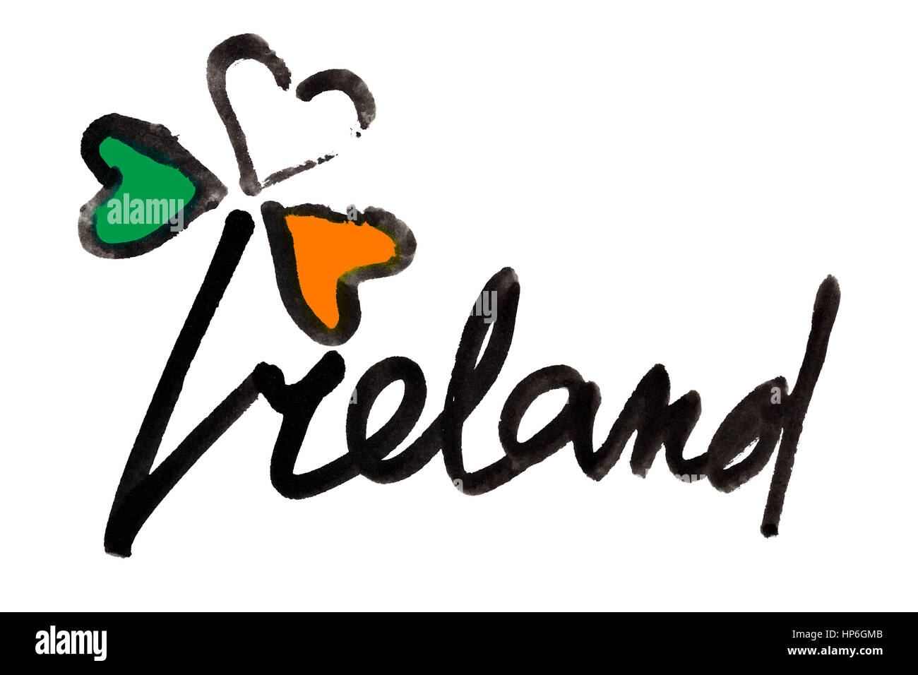 L'Irlanda. 4 foglia di trifoglio irlandese con i colori della bandiera dell'Irlanda e scritte - Illustrazione Raster Foto Stock