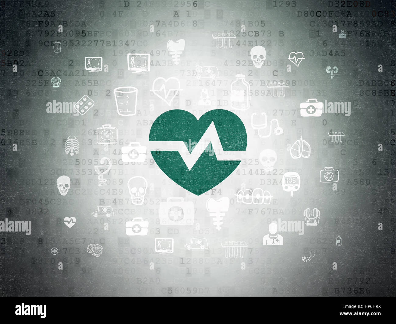 Il concetto di medicina: verniciato di verde Icona cuore sui dati digitali carta con sfondo disegnato a mano le icone di medicina Foto Stock