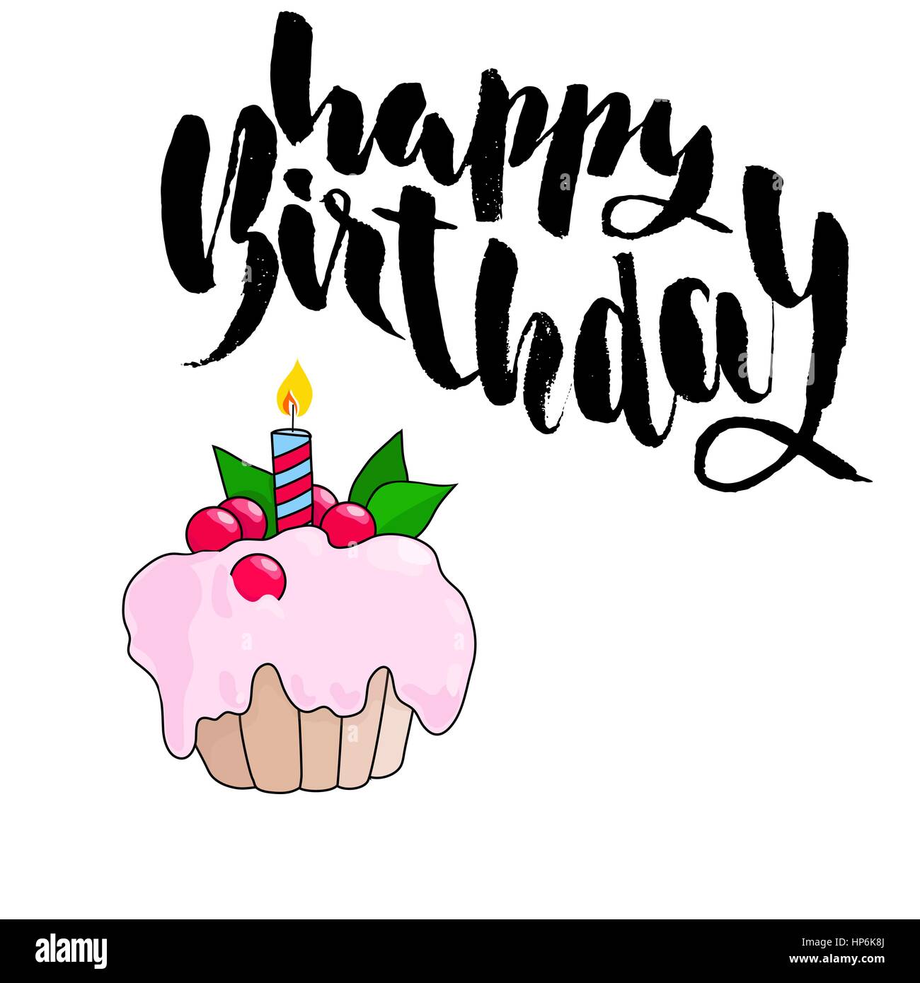 Buon compleanno biglietto di auguri con cupcake e testo. Caratteri scritti a mano. Illustrazione Vettoriale Illustrazione Vettoriale