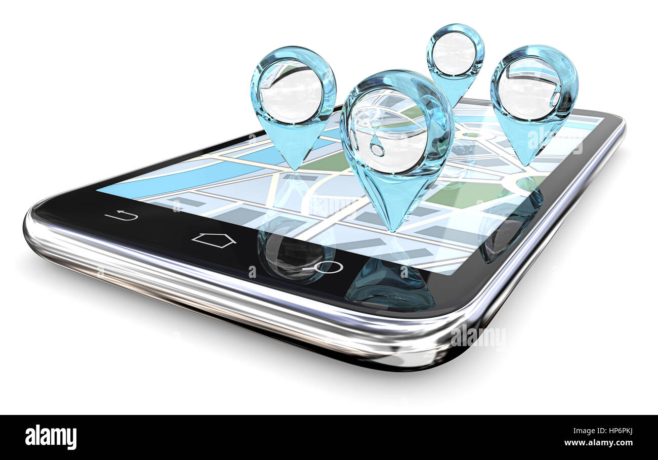 Puntatori GPS di astratta di vetro blu sulla schermata dello smartphone Mappa. 3D render. Foto Stock