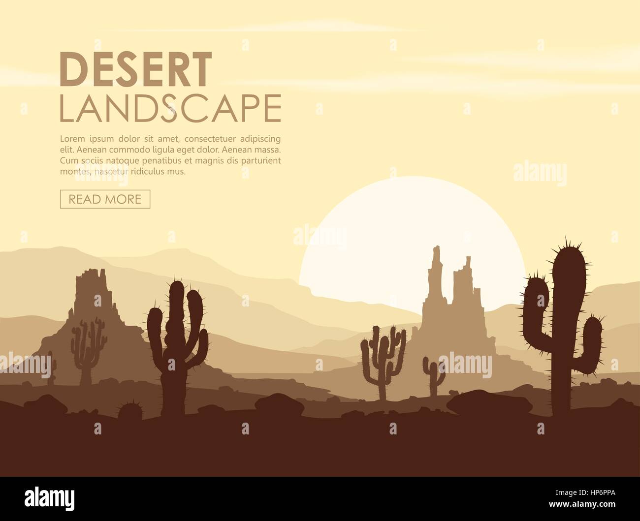 Tramonto nel deserto di pietra con cactus Illustrazione Vettoriale