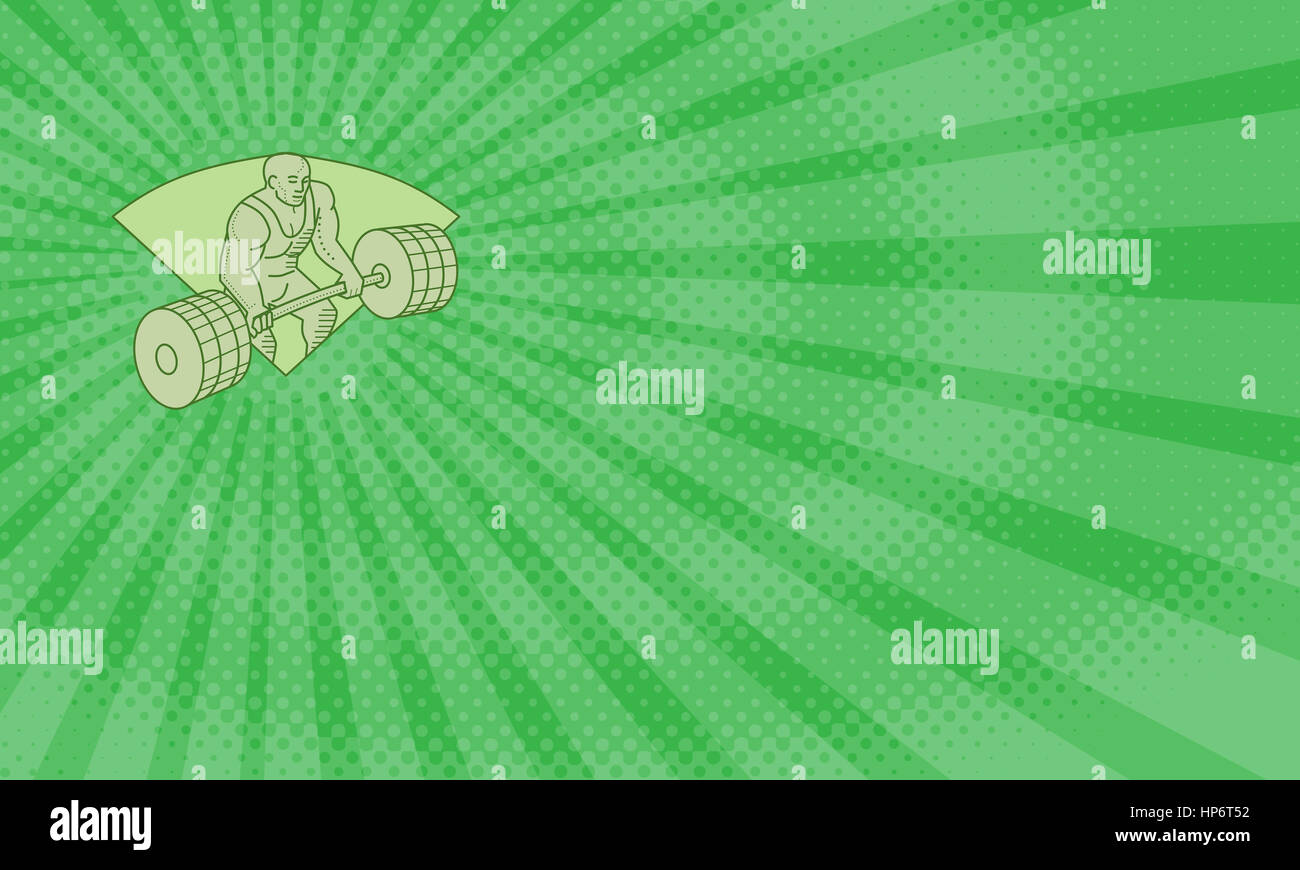 Business card mostra Mono stile linea illustrazione di un atleta di sollevamento pesi barbell con entrambe le mani insieme all'interno della protezione sulla cresta backg isolato Foto Stock