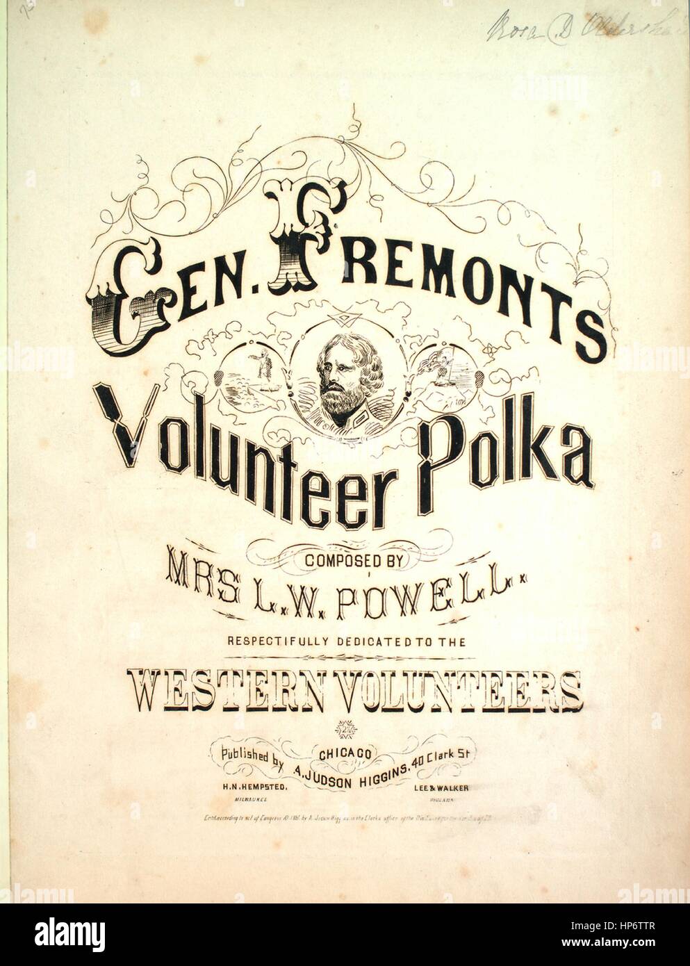 Foglio di musica immagine copertina della canzone 'Gen Fremonts volontario Polka", con paternitã originale lettura delle note "composta dalla signora LW Powell', Stati Uniti, 1861. L'editore è elencato come "A. Judson Higgins, 40 Clark Sant', la forma della composizione è 'a capo', la strumentazione è 'piano', la prima riga indica 'Nessuno', e l'illustrazione artista è elencato come 'Nessuno'. Foto Stock