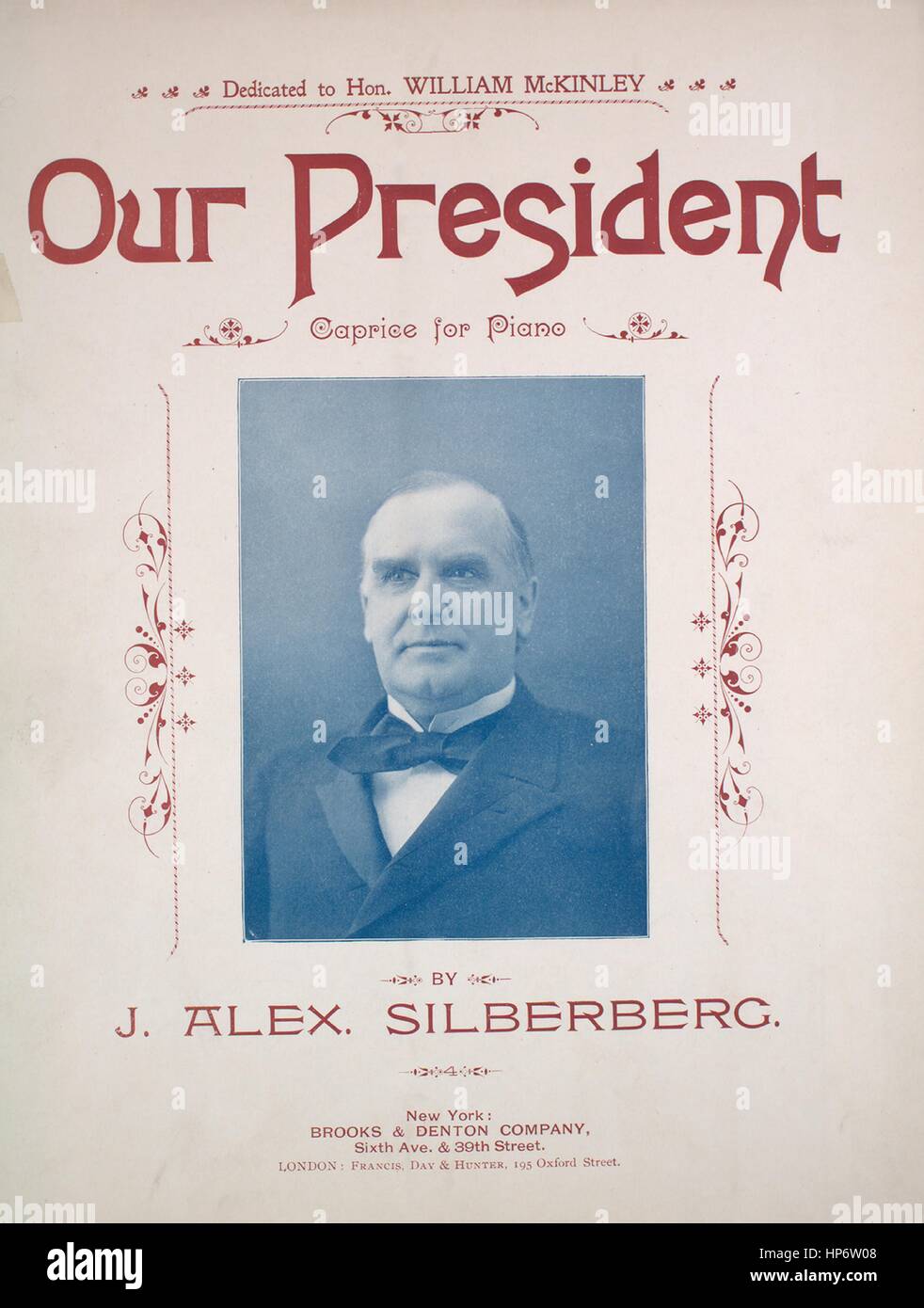 Foglio di musica immagine copertina della canzone "il nostro Presidente Caprice per pianoforte", con paternitã originale lettura delle note "da J Alex Silberberg', Stati Uniti, 1896. L'editore è elencato come 'Brooks e Denton Company, sesta Avenue e la 39th Street', la forma della composizione è 'sectional, con trio', la strumentazione è 'Vocale', la prima riga indica 'Nessuno', e l'illustrazione artista è elencato come 'Lawson N.Y.". Foto Stock