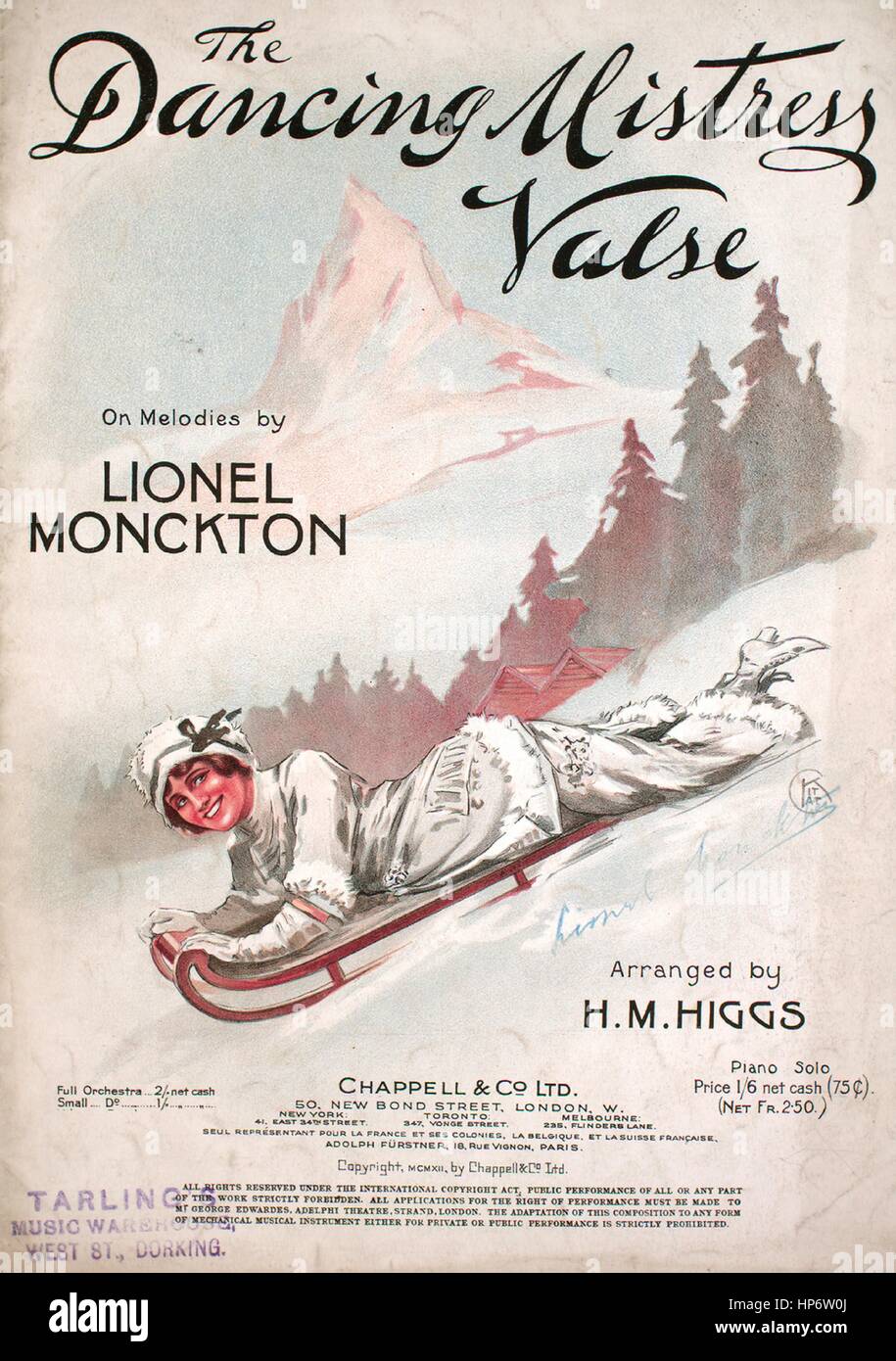 Foglio di musica immagine copertina della canzone "La Danza Mistress Valse', con paternitã originale lettura delle note "su melodie da Lionel Monckton disposto dall HM bosone di Higgs', Regno Unito, 1912. L'editore è elencato come 'Chappell e Co., Ltd., 50 New Bond Street', la forma della composizione è 'sectional', la strumentazione è 'piano', la prima riga indica 'Nessuno', e l'illustrazione artista è elencato come 'Nessuno'. Foto Stock