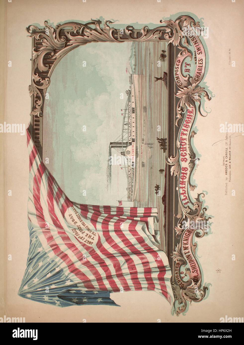 Foglio di musica immagine copertina della canzone "Illinois Schottische', con paternitã originale lettura delle note "composto da Charles Swinscoe', 1855. L'editore è elencato come 'Amsden e Cargill, 137 Jefferson Ave.', la forma della composizione è 'a capo', la strumentazione è 'piano', la prima riga indica 'Nessuno', e l'illustrazione artista è elencato come "T. Del Sinclair lith. Phil. ['Luglio 17th, 1855 il primo battello Throgh [sic] Il canale di Sault']". Foto Stock