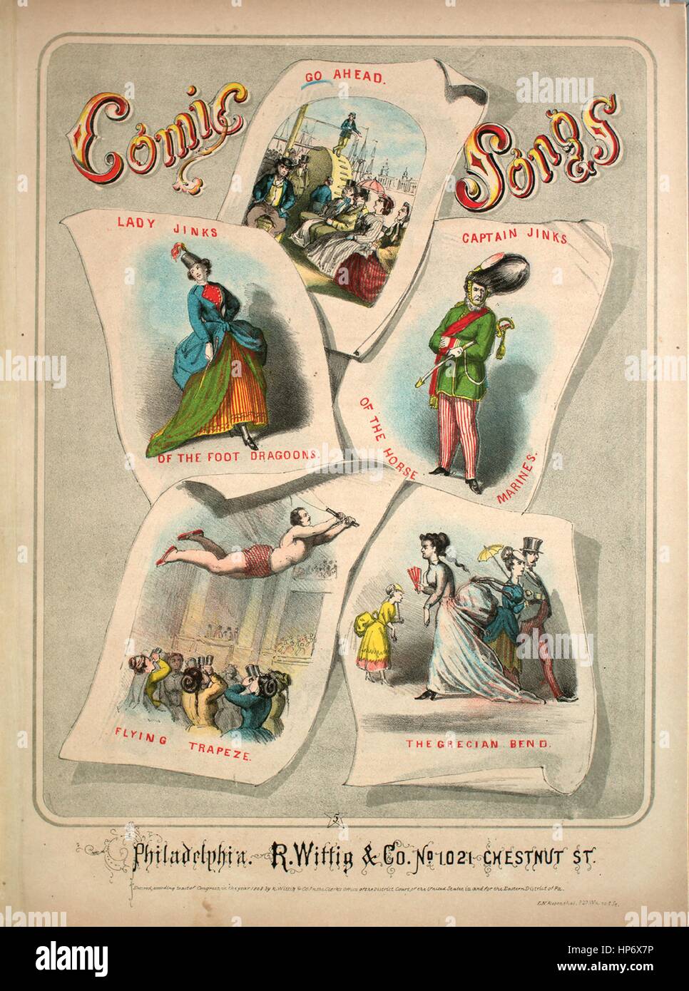 Foglio di musica immagine copertina della canzone 'Comic canzoni andare avanti", con paternitã originale note "lettura composta da Miss Nelly Anderson', Stati Uniti, 1868. L'editore è elencato come "R. Wittig e Co., No.1021 Chestnut Sant', la forma della composizione è 'strofico con chorus', la strumentazione è 'pianoforte e voce", la prima linea recita "Oh! Io amo una nobile compagno in modo che faccio, egli è il capitano di una nave e un equipaggio', e l'illustrazione artista è elencato come 'L.N. Rosenthal, 327 Noce Sant'. Foto Stock