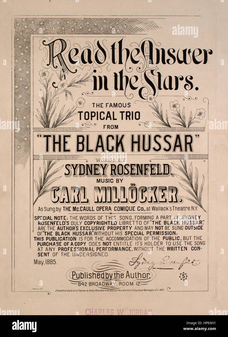 Spartiti immagine di copertina della canzone 'Read the Answer in the Stars  The Famous topic Trio from 'The Black Hussar', con note di autore originali  che leggono 'Words by Sydney Rosenfeld Music