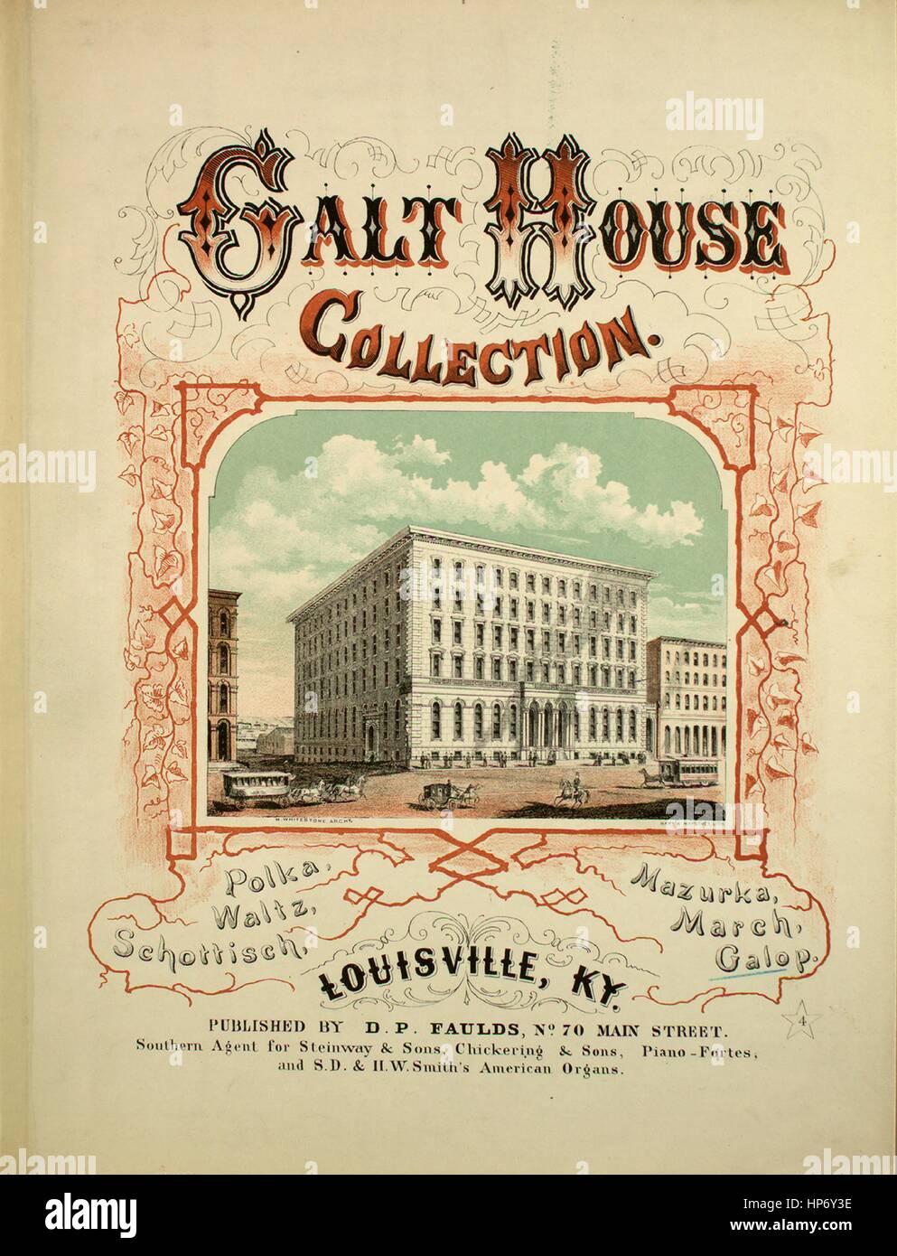Foglio di musica immagine copertina della canzone 'Galt House Collection Galop', con paternitã originale lettura delle note "composto da Edward Mahr', 1869. L'editore è elencato come "d.P. Faulds, n. 70 Main Street', la forma della composizione è 'a capo', la strumentazione è 'piano', la prima riga indica 'Nessuno', e l'illustrazione artista è elencato come "H. Whitestone, Arco San; Hart e Mapother, Lith.; J. Slinglandt, Engvr.". Foto Stock
