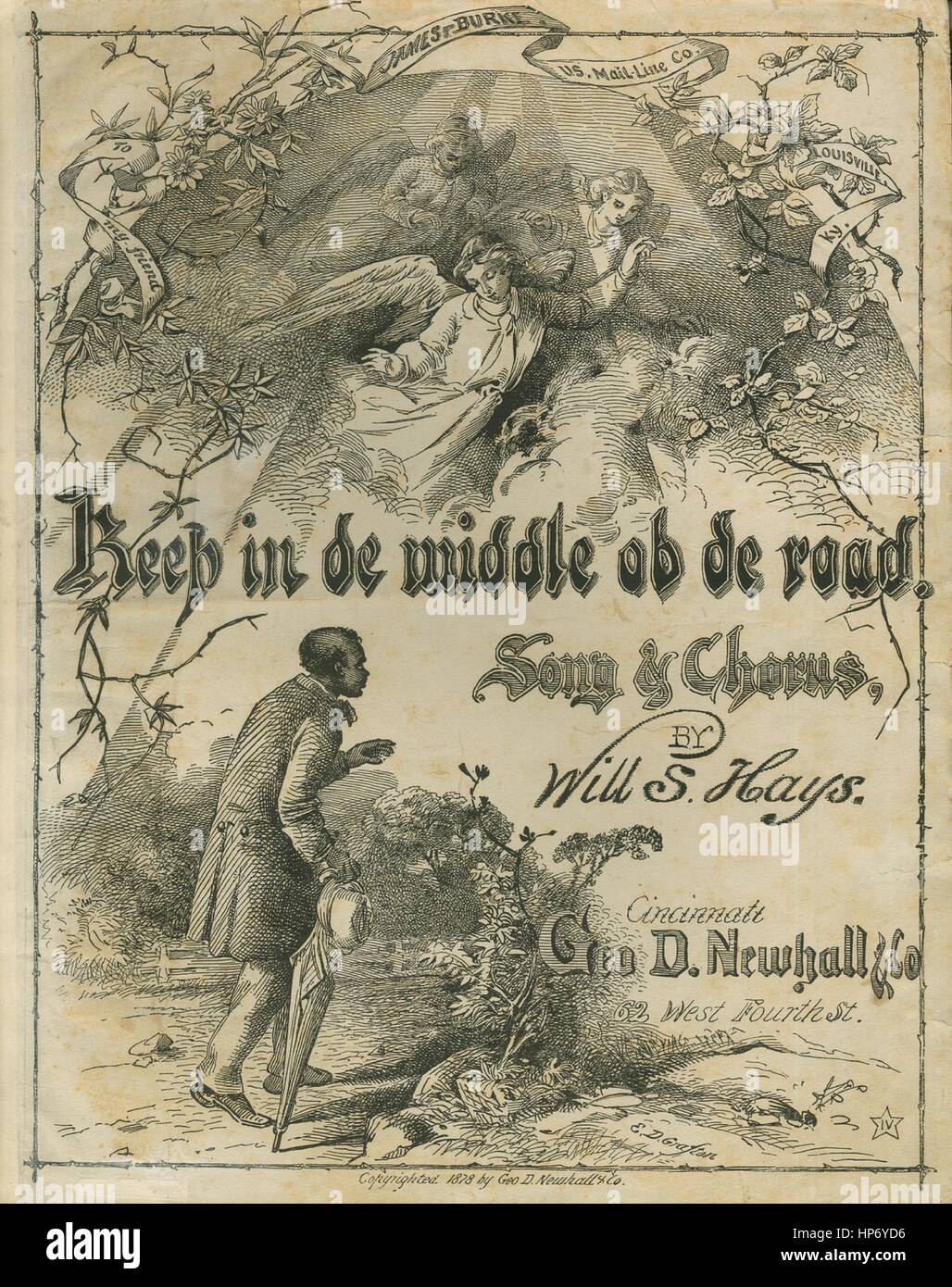 Foglio di musica immagine copertina della canzone "tenere in de centro ob Strada de Song e coro", con paternitã originale lettura delle note "parole e musica da saranno S Hays", Stati Uniti, 1878. L'editore è elencato come 'Geo. D. Newhall e Co., 62 West quarto Sant', la forma della composizione è 'strofico con chorus', la strumentazione è 'pianoforte e voce", la prima linea recita "Ho sentito gli angeli di dem un' Talkin Loud, mantenere in de centro ob strada de', e l'illustrazione artista è elencato come 'E.D. Grafton'. Foto Stock