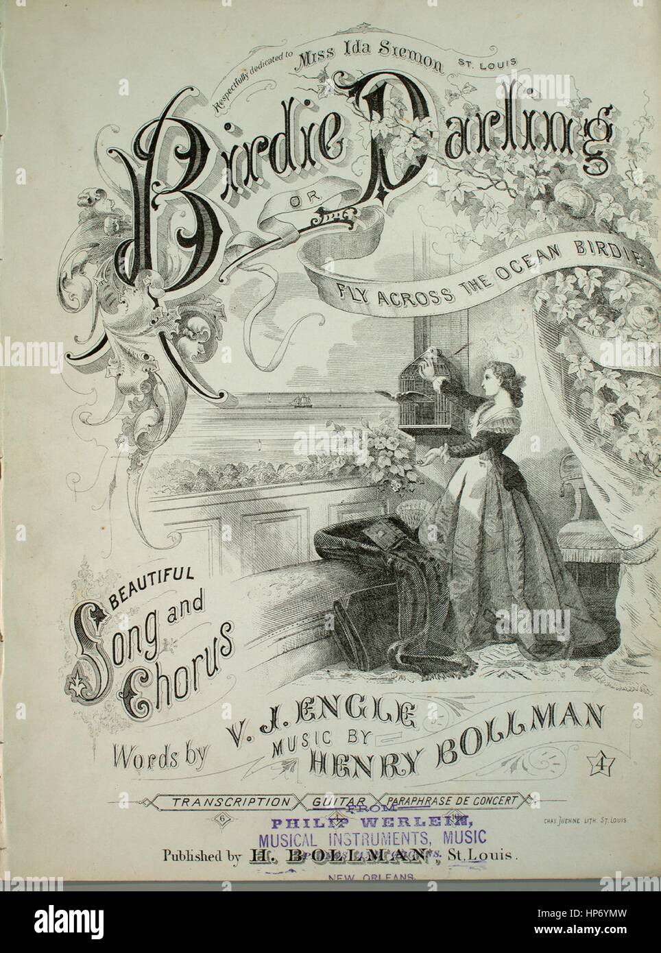 Foglio di musica immagine copertina della canzone "Birdie Darling, o volare attraverso l'Oceano Birdie bella canzone e Chorus', con paternitã originale lettura delle note "parole di VJ Engle musiche di Henry Bollman trascrizione, chitarra, per parafrasare de Concert", 1872. L'editore è elencato come "H. Bollman', la forma della composizione è 'strofico con chorus', la strumentazione è 'pianoforte e voce", la prima riga indica 'volare attraverso l'oceano birdie, volare al di là di questo cupo mare", e l'illustrazione artista è elencato come 'Chas. Juehne Lith. San Louis'. Foto Stock