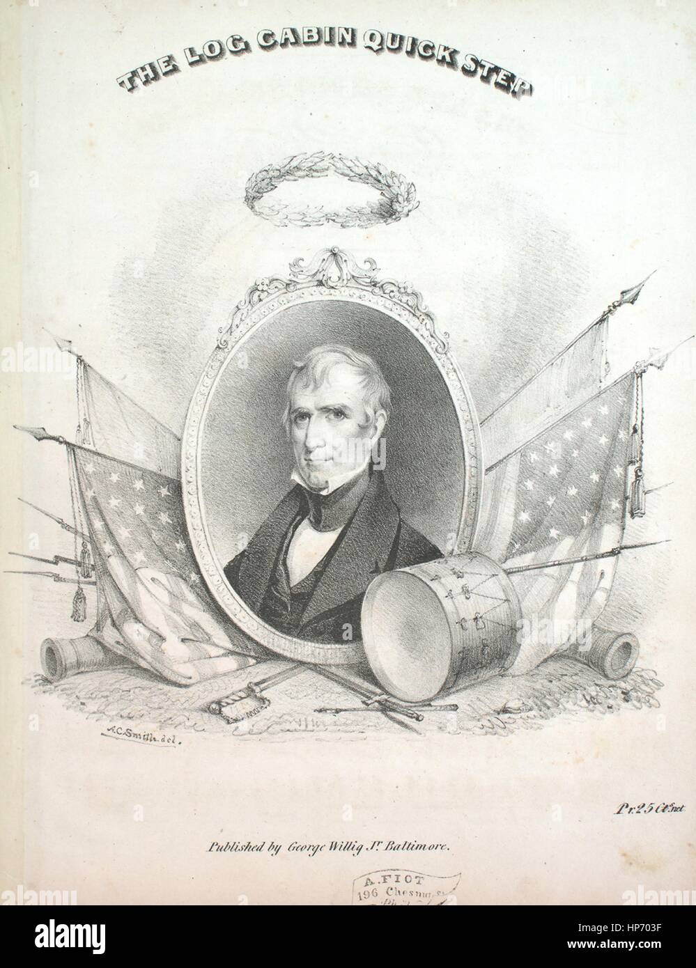 Foglio di musica immagine copertina della canzone 'Log cabine Quick Step', con paternitã originale lettura delle note "na", Stati Uniti, 1840. L'editore è elencato come 'G. Willig, Jr.', la forma della composizione è 'da capo, con trio', la strumentazione è 'piano', la prima riga indica 'Nessuno', e l'illustrazione artista è elencato come 'A.C. Smith. del.; L.W. Webb'. Foto Stock