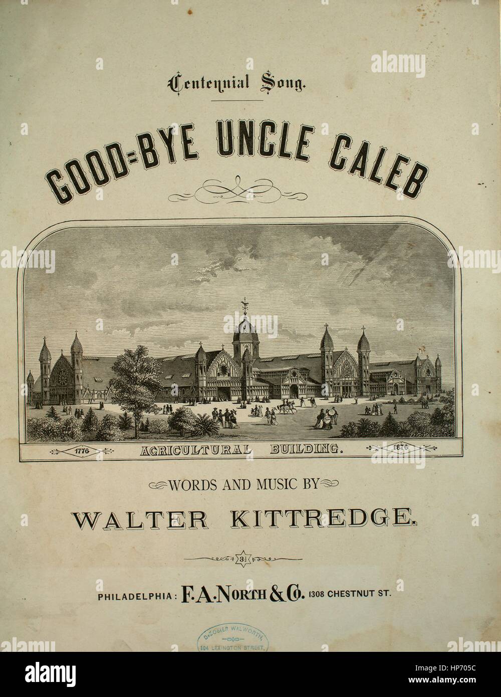 Foglio di musica immagine copertina della canzone 'addio zio Caleb Centennial Song', con paternitã originale lettura delle note "parole e musica di Walter Kittredge', Stati Uniti, 1876. L'editore è elencato come 'F.A. Nord e Co., 1308 Chestnut Sant', la forma della composizione è 'strofico con chorus', la strumentazione è 'pianoforte e voce", la prima riga visualizza " trike il violino, soffiare il clacson, sto andando via domani mattino', e l'illustrazione artista è elencato come 'unattributed lith. di edificio agricolo; J.M. Armstrong, musica tipografo, N.E. Cor, castagno e 6 vie, Philadelphia'. Foto Stock