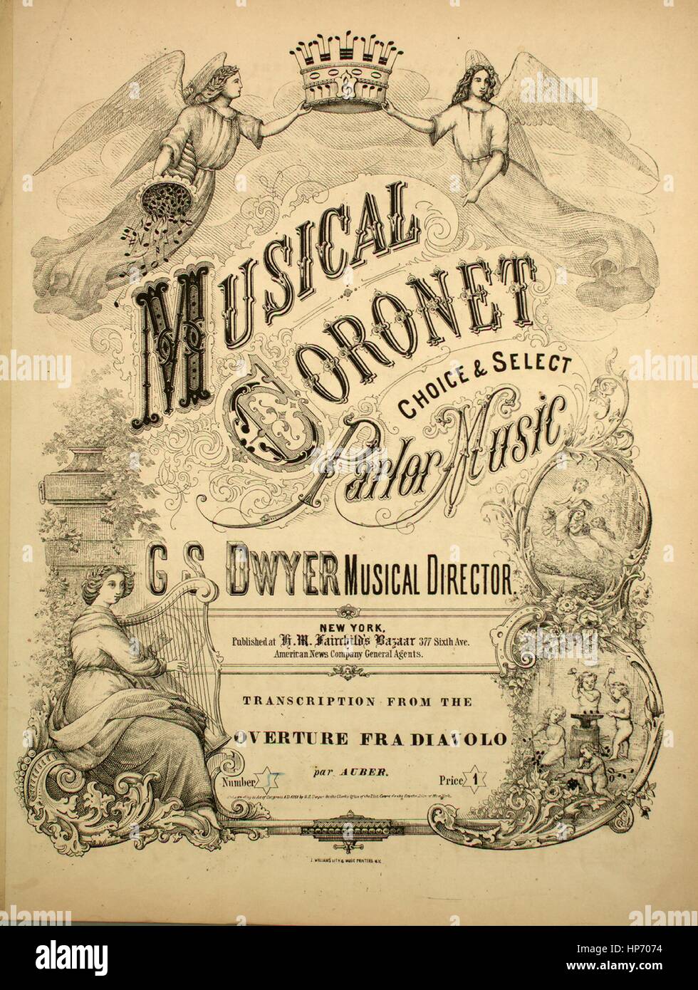 Foglio di musica immagine di copertina del brano 'Musical Coronet scelta e selezionare Musica di salotto, GS Dwyer, Direttore Musicale la trascrizione dal Overture Fra Diavolo Par Auber', con paternitã originale lettura delle note "na", Stati Uniti, 1869. L'editore è elencato come 'H.M. Fairchild's Bazaar, 377 sesta Ave., American News Azienda, agenti generali', la forma della composizione è 'sectional', la strumentazione è 'piano', la prima riga indica 'Nessuno', e l'illustrazione artista è elencato come "J. Williams Lith. e stampanti musica N.Y.". Foto Stock