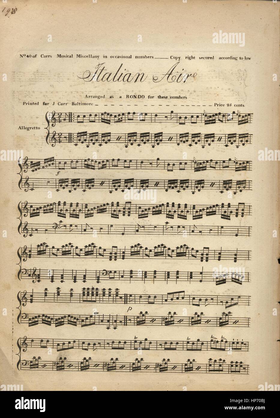 Foglio di musica immagine copertina della canzone 'Italian Air", con  paternitã originale lettura delle note "disposti come un Rondo per questi  numeri', Stati Uniti, 1900. L'editore è elencato come 'Carr's Music Store',