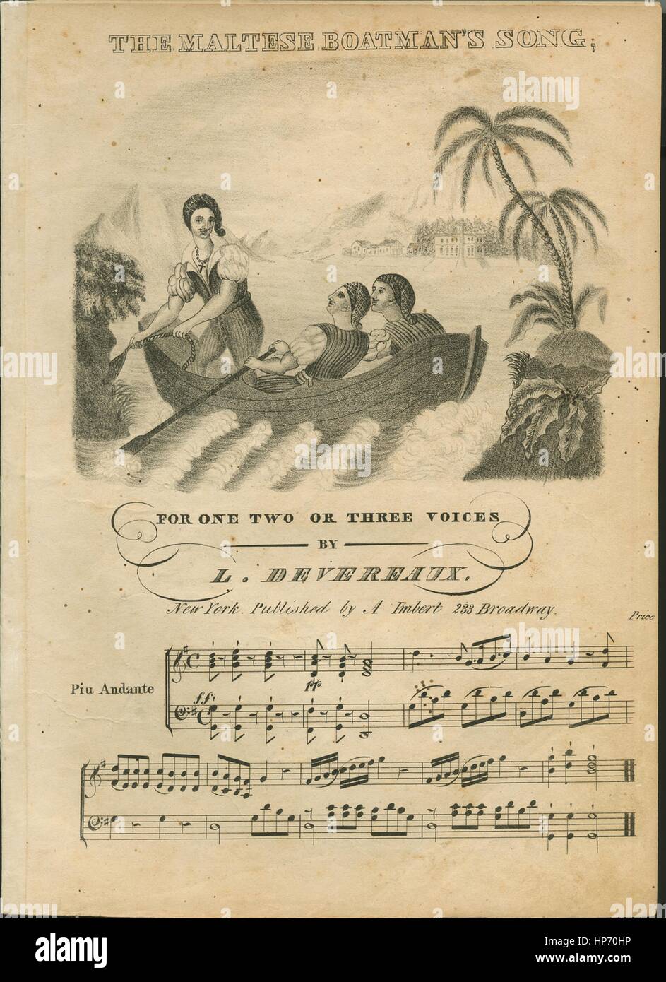 Foglio di musica immagine copertina della canzone "Il barcaiolo Maltese di  canzone, disposti per uno, due o tre voci', con paternitã originale lettura  delle note " con un accompagnamento per il Piano