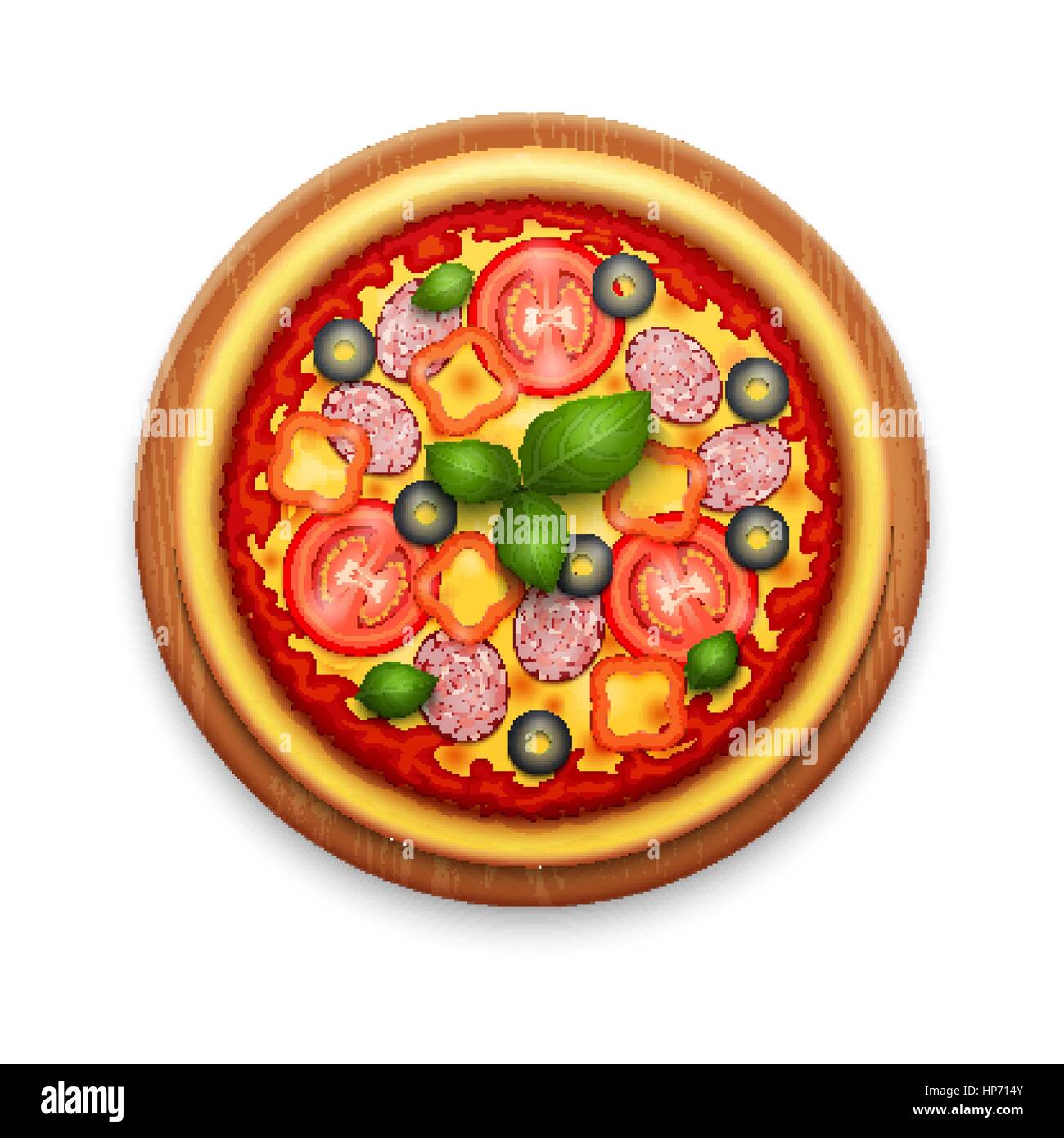 Vettore pizza realistico con formaggio, pomodori ciliegia e basilico sul tagliere di legno Illustrazione Vettoriale
