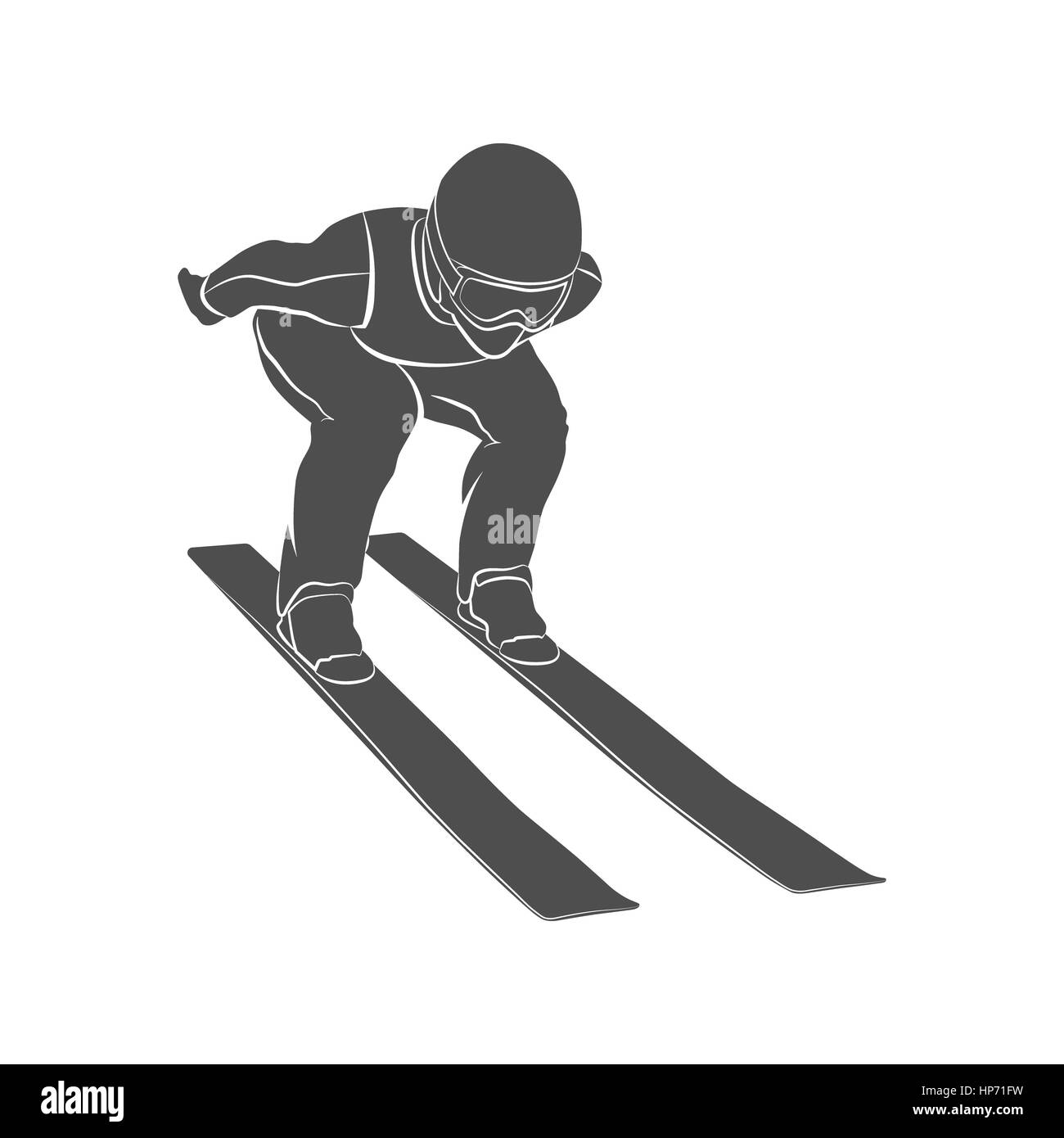 Silhouette jumping sciatore su uno sfondo bianco. Illustrazione della foto. Foto Stock