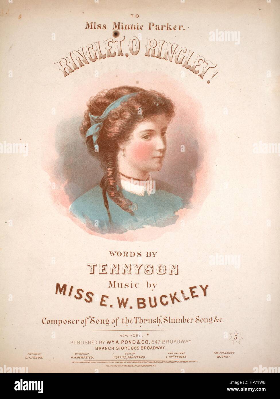 Foglio di musica immagine copertina della canzone 'Ringlet, O Ringlet!', con paternitã originale lettura delle note "Parole da [Alfred Tennyson] Musica da Miss EW Buckley', Stati Uniti, 1869. L'editore è elencato come 'Wm. A. stagno e Co., 547 Broadway', la forma della composizione è 'strofico', la strumentazione è 'pianoforte e voce", la prima linea recita "O Ringlet, O Ringlet, ho kiss hai il giorno e la notte", e l'illustrazione artista è elencato come 'il principale e Knapp Eng. Mfg e Lith. Co. 711 Broadway N.Y.". Foto Stock
