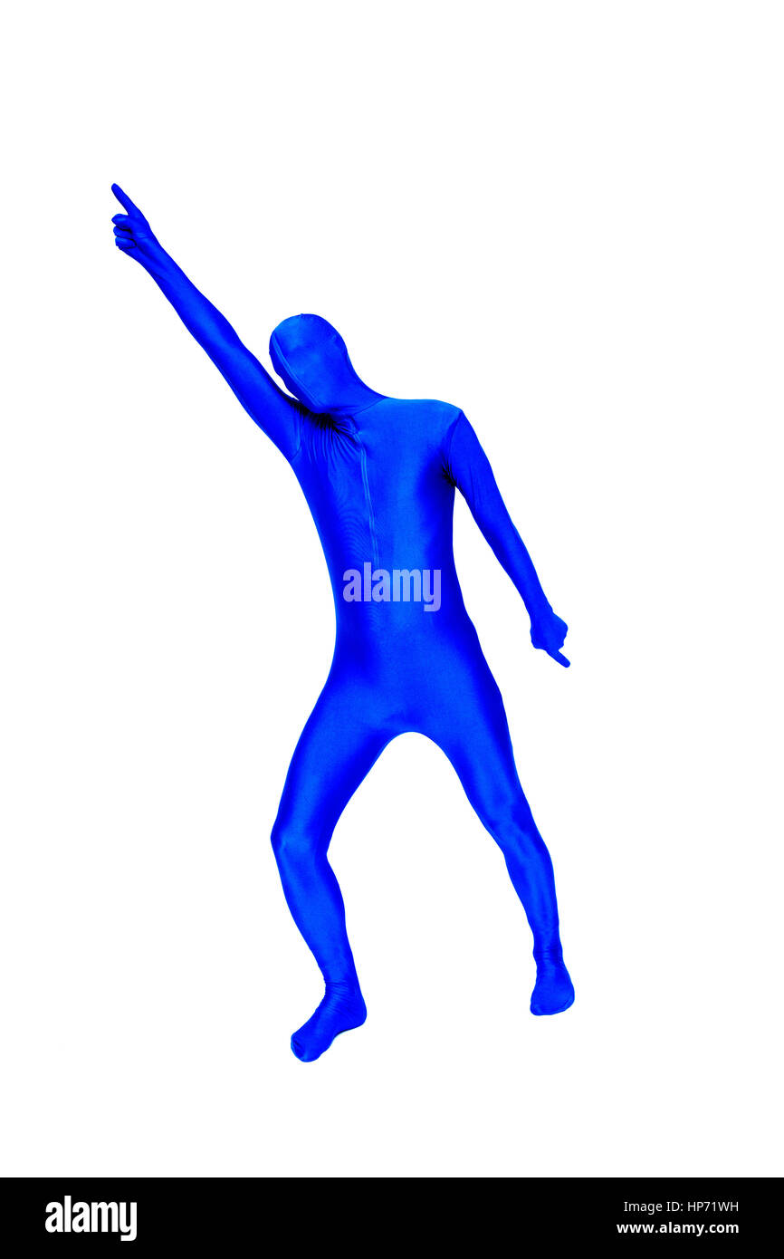 Misterioso uomo blu in morphsuit puntare il dito verso l'alto Foto Stock