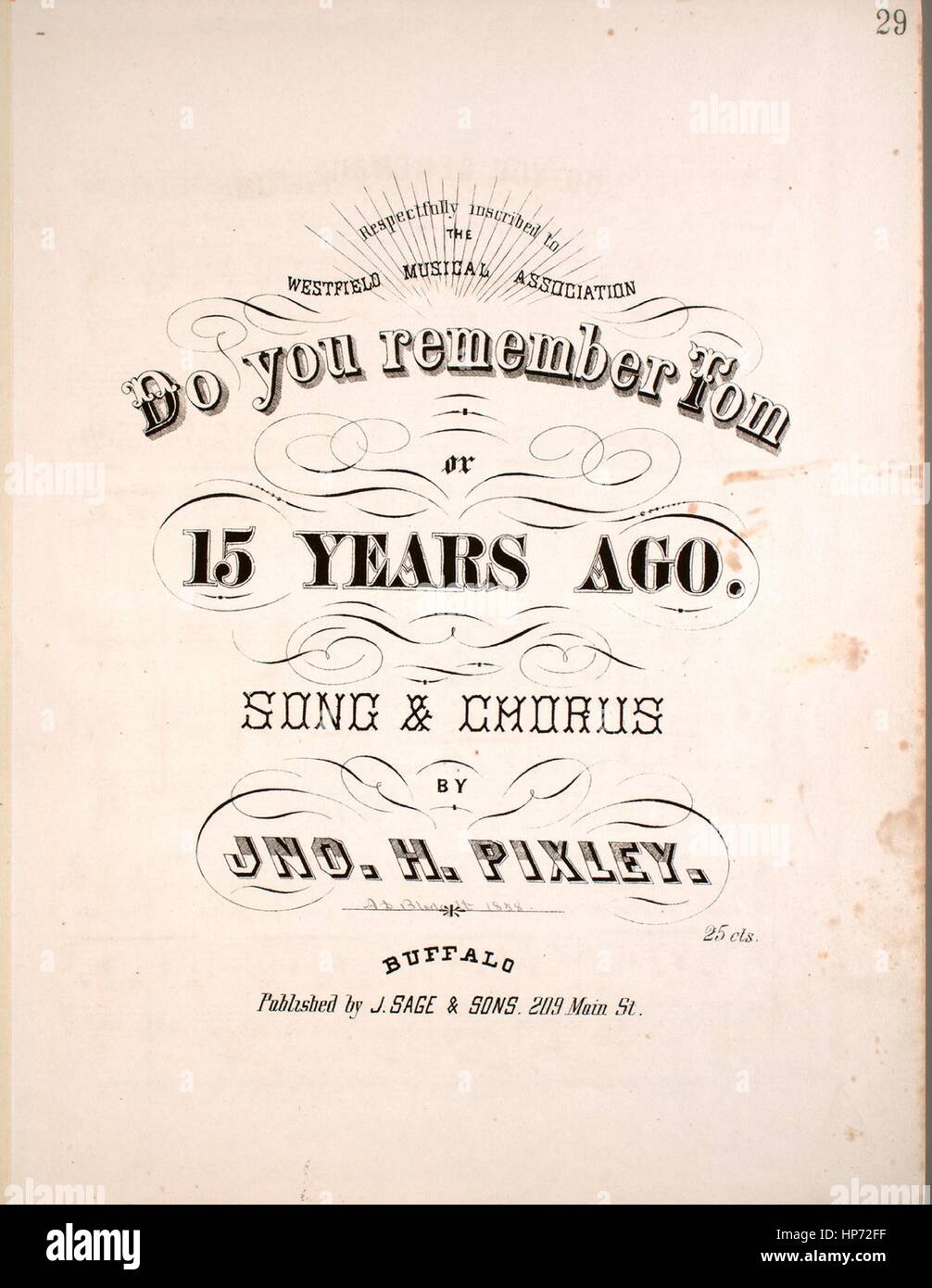 Foglio di musica immagine copertina della canzone "Ti ricordi Tom, o 15 anni fa canzone e Chorus', con paternitã originale lettura delle note ' Da Jno H Pixley', 1857. L'editore è elencato come "J. La salvia e figli, 209 Main St.", la forma della composizione è 'strofico con chorus', la strumentazione è 'pianoforte e voce", la prima linea recita "Ti ricordi, Tom, il posto dove oft abbiamo utilizzato per effettuare il roaming?', e l'illustrazione artista è elencato come 'Pearson, Eng'r". Foto Stock