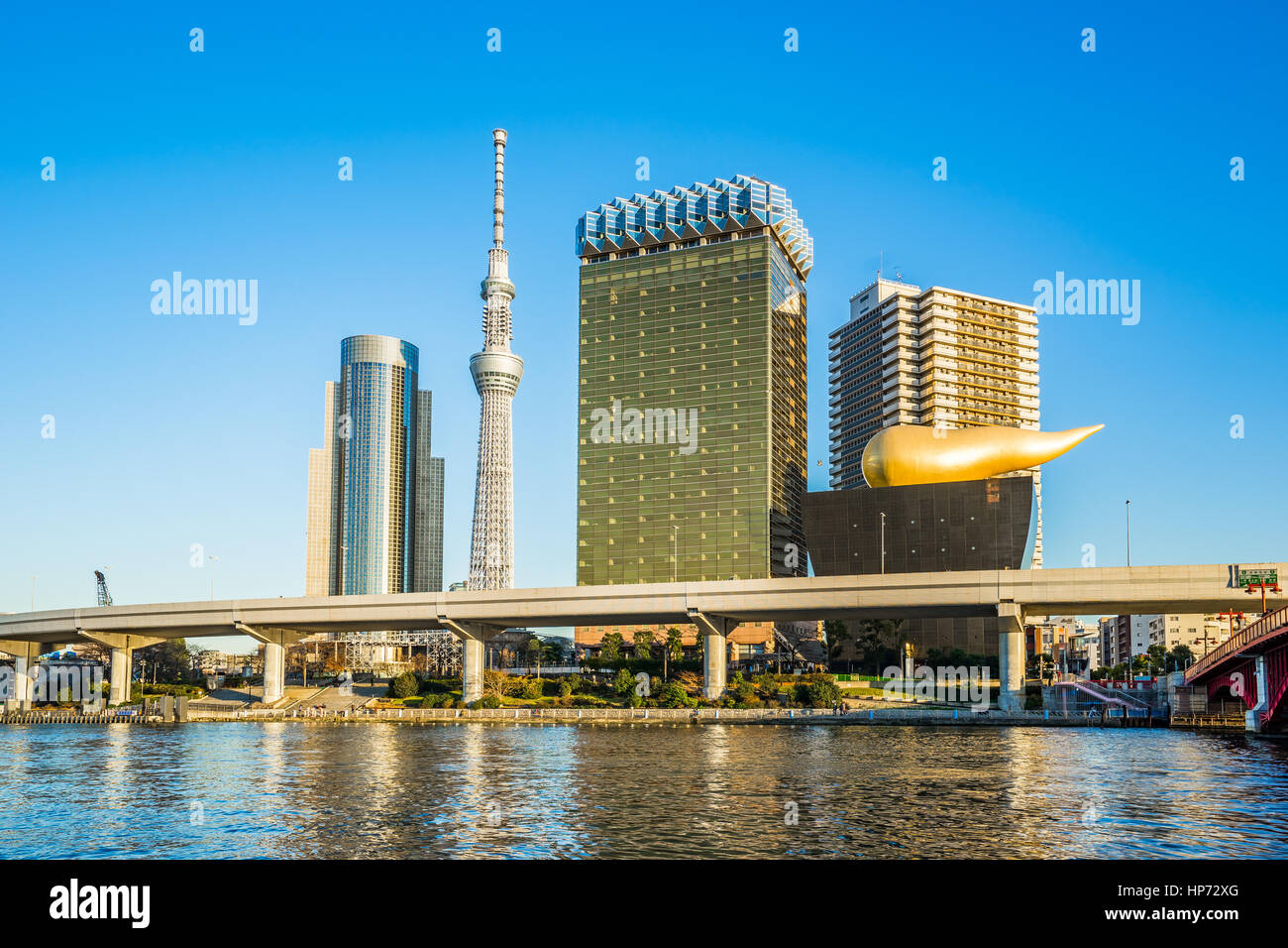 Crociere sul fiume Sumida e vista sullo skyline ofTokyo in Asakusa, Tokyo, Giappone. Foto Stock
