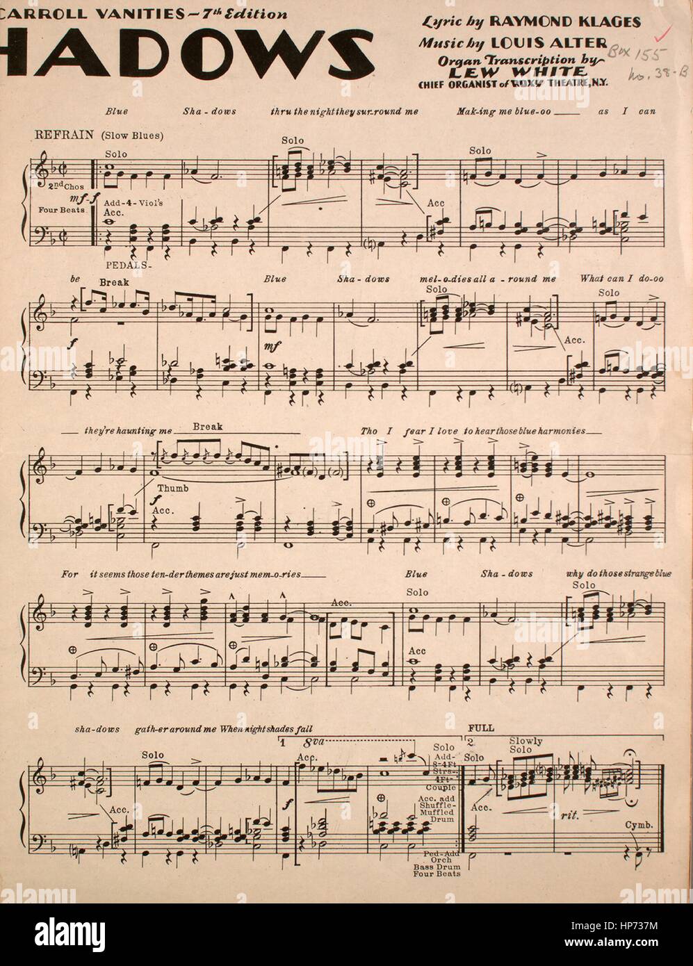 Foglio Di Musica Immagine Copertina Della Canzone 1 Ombre Blu 2 Una Volta Nella Vita Con Paternita Originale Lettura Delle Note Lirica Di Raymond Klages Musica Di Louis Alter Organo Trascrizione Di