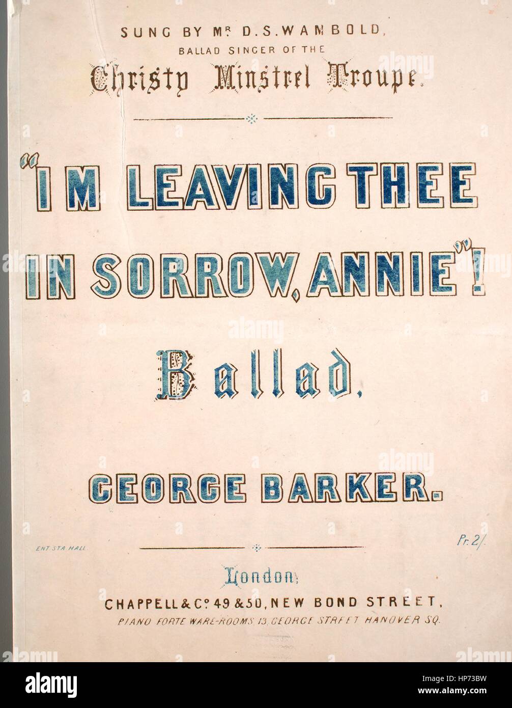 Spartiti immagine di copertina della canzone ''i'm lowing thee in dolorosa, Annie!' Ballad', con note di autore originali che leggono 'scritto da Edward J Gill composto da George Barker', Regno Unito, 1900. L'editore è elencato come 'Chappell and Co., 49 e 50 nuovo Bond Street', la forma di composizione è 'trofico', la strumentazione è 'piano and voice', la prima riga recita 'i'm lascio thee in dolore, Annie! Ti lascio in lacrime', e l'artista dell'illustrazione è elencato come 'J.W. Pearman, Lito., 13, Castle St., East'. Foto Stock