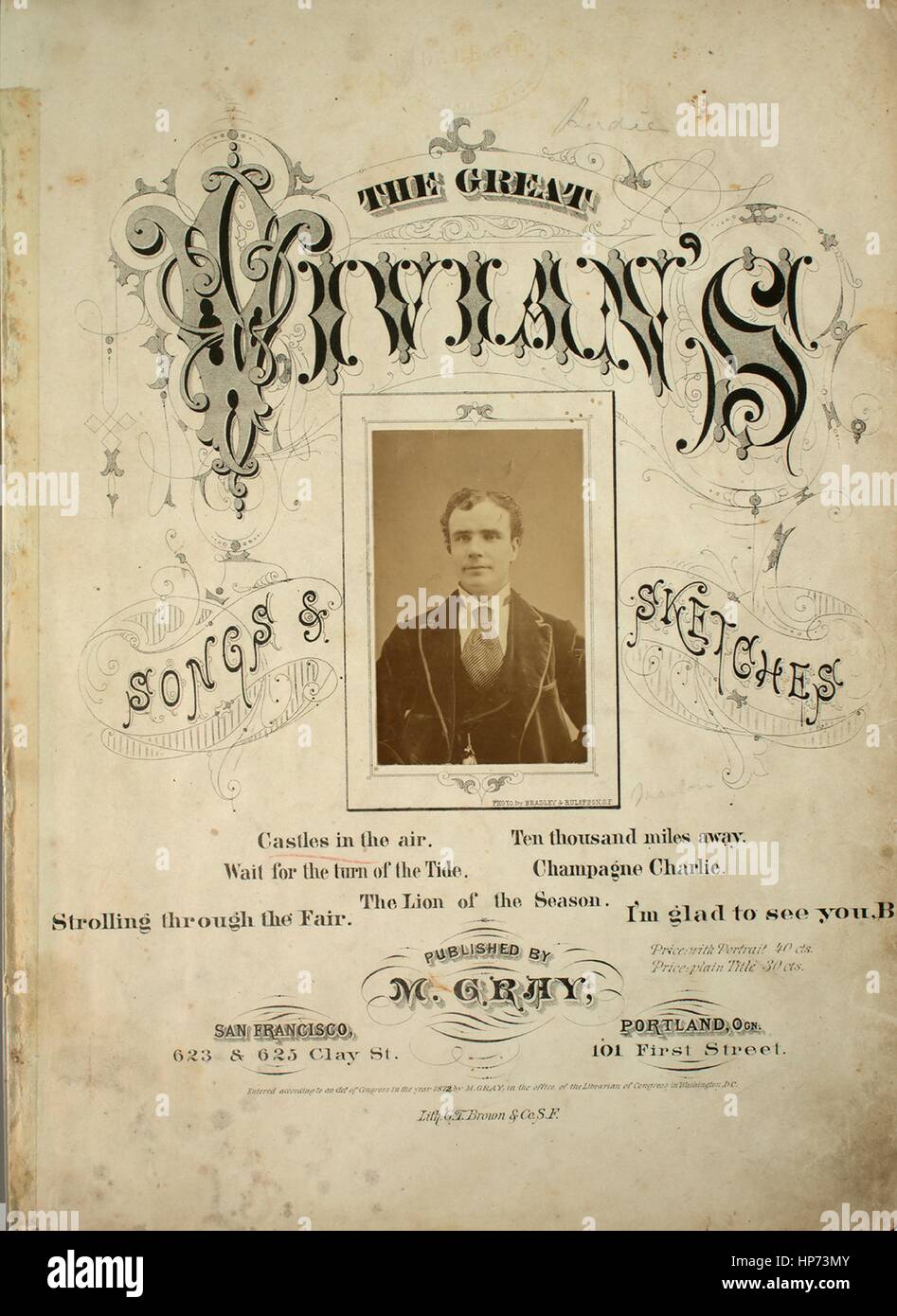 Foglio di musica immagine copertina della canzone "La Grande Vivian's canzoni e schizzi castelli in aria", con paternitã originale lettura delle note "disposti da CE Platt', Stati Uniti, 1872. L'editore è elencato come 'M. Grigio', la forma della composizione è 'strofico', la strumentazione è 'pianoforte e voce", la prima linea recita "Questo mondo è pieno di guai, non c è niente qui ma guai', e l'illustrazione artista è elencato come 'Foto di Bradley e Rulofson, S.F.'. Foto Stock