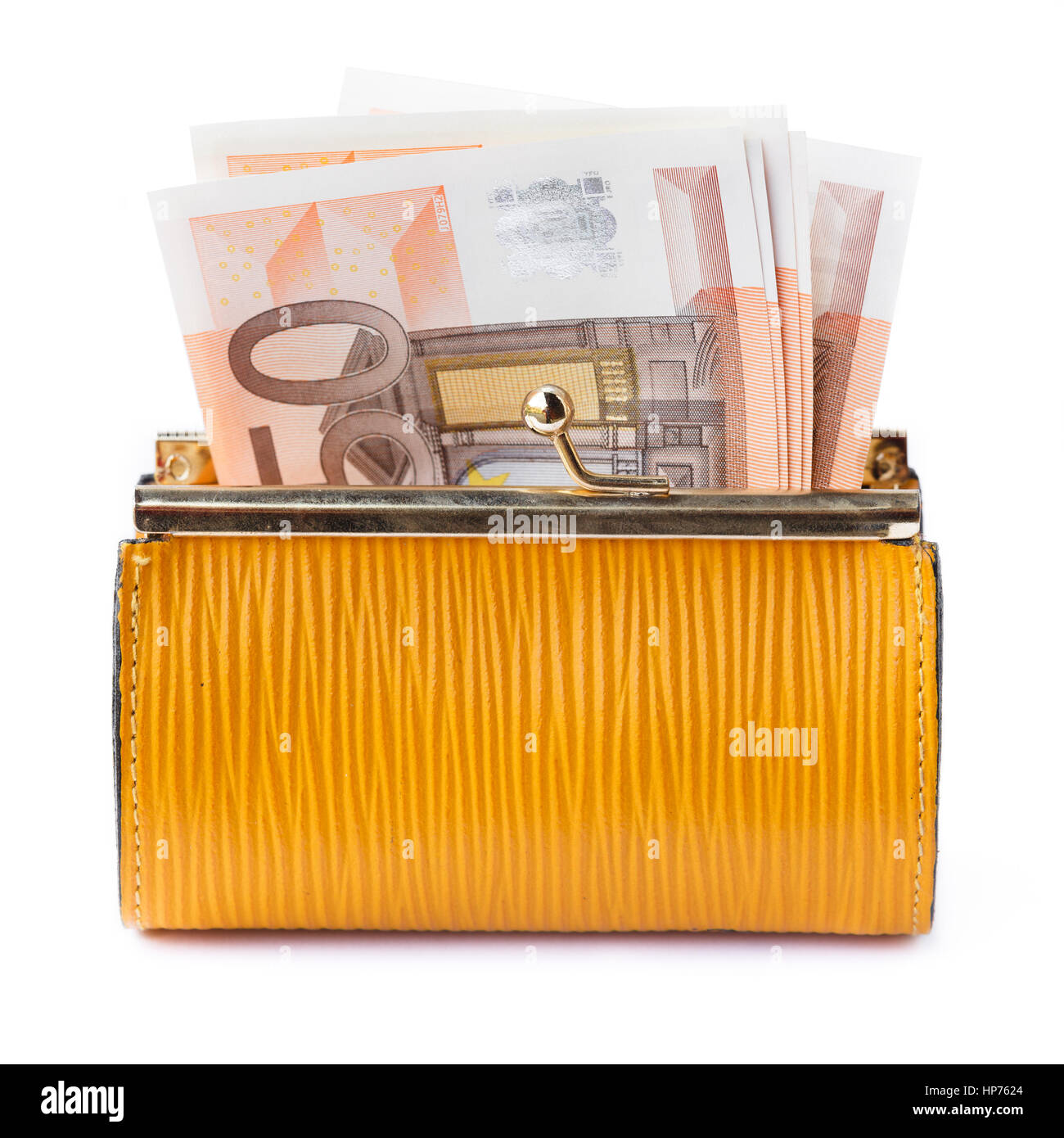 Apre la borsetta in pelle con alcune banconote in euro Foto Stock