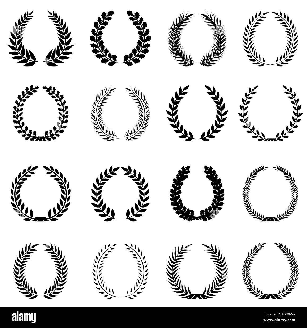 Le corone di alloro segno set. winnre simboli. icona floreale collezione. Illustrazione Vettoriale