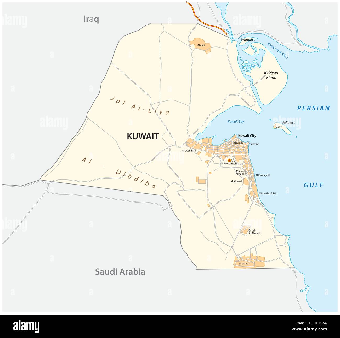 Vettore dettagliata mappa stradale dello Stato del Kuwait.eps Illustrazione Vettoriale