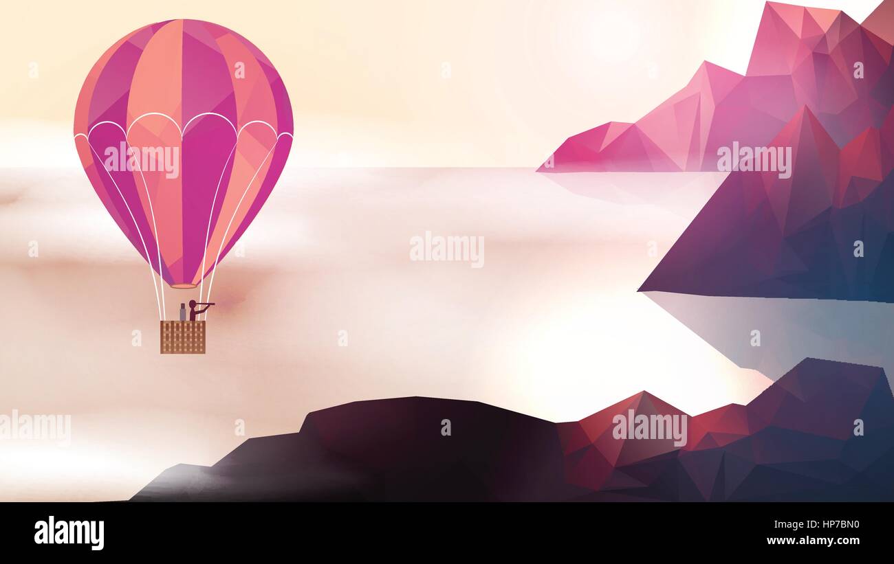 In mongolfiera ad aria calda vicino alla cima di una montagna con nuvole - Illustrazione Vettoriale Illustrazione Vettoriale