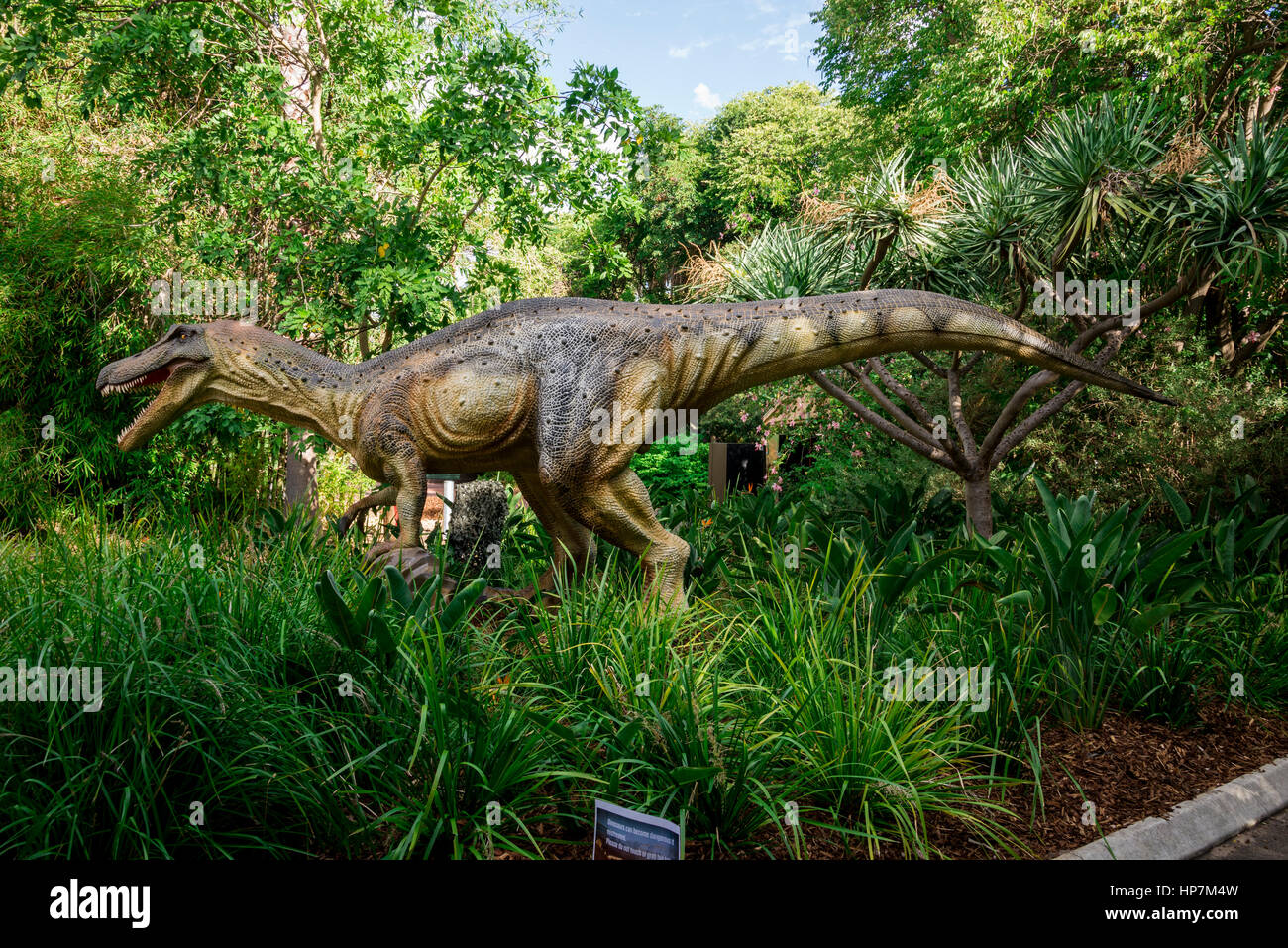 Baryonyx in erba alta modello di display in Perth Zoo come parte della mostra Zoorassic Foto Stock
