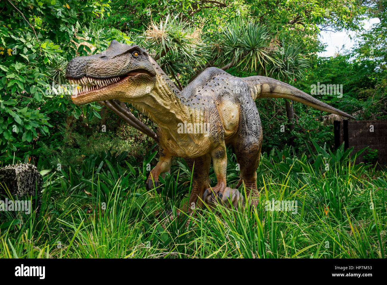 Baryonyx in piedi in erba alta modello di display in Perth Zoo come parte della mostra Zoorassic Foto Stock