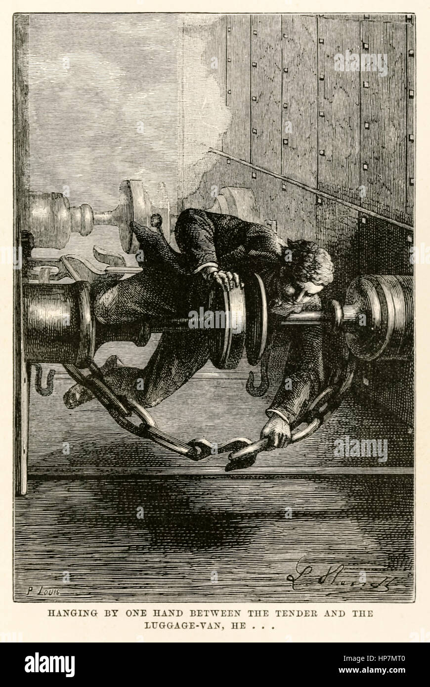 "Appeso da una mano tra la gara e il bagaglio-van, egli…" da "il giro del mondo in ottanta giorni " di Jules Verne (1828-1905), pubblicato nel 1873 Illustrazione di Léon Benet (1839-1917) e incisione di Louis. Foto Stock