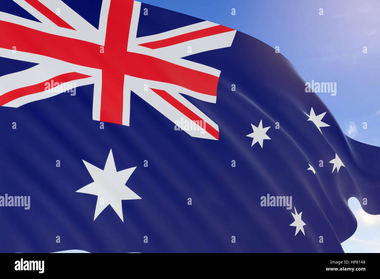 3D rendering di Australia bandiera sventola sul cielo azzurro sfondo, ufficialmente il Commonwealth dell Australia, Australia Day è la Gazzetta Giornata Nazionale su Foto Stock
