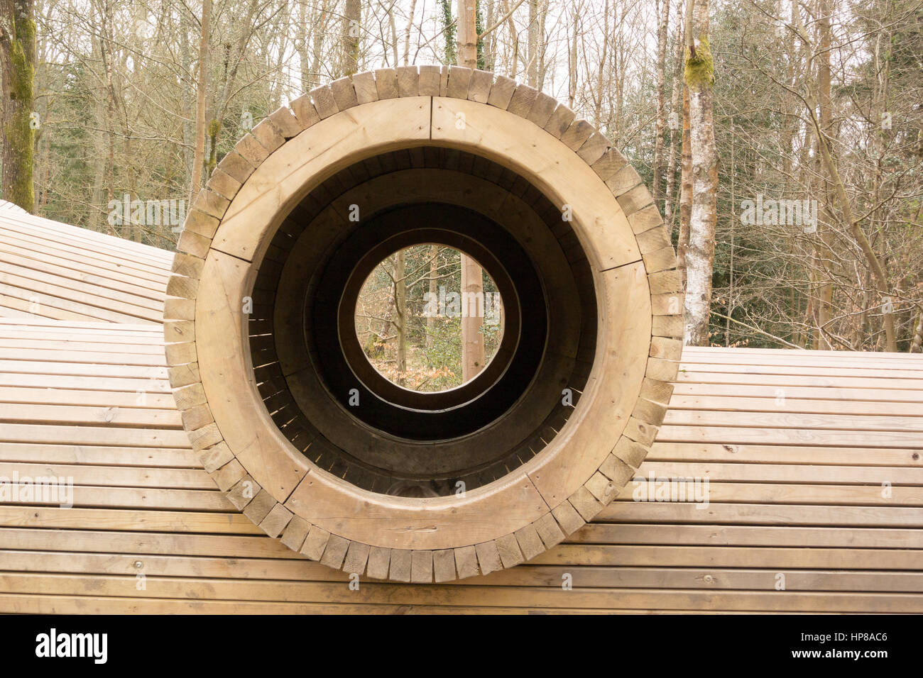 Particolare di una struttura di arrampicata in legno in un bosco. Tubi cavi per arrampicarsi su e attraverso. Foto Stock