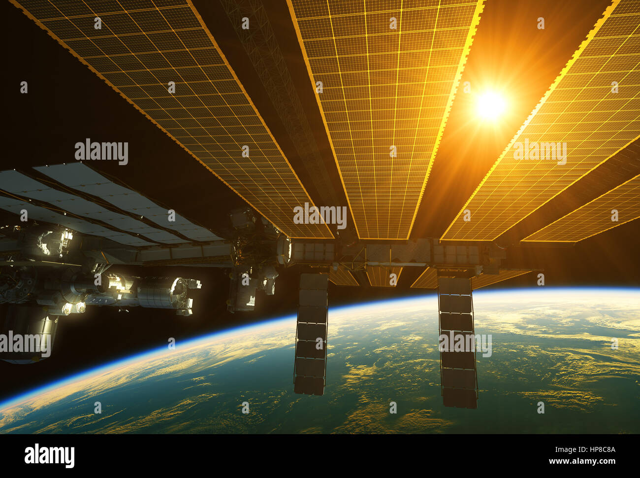 La stazione spaziale internazionale e il sole sopra la terra. 3D'illustrazione. Foto Stock