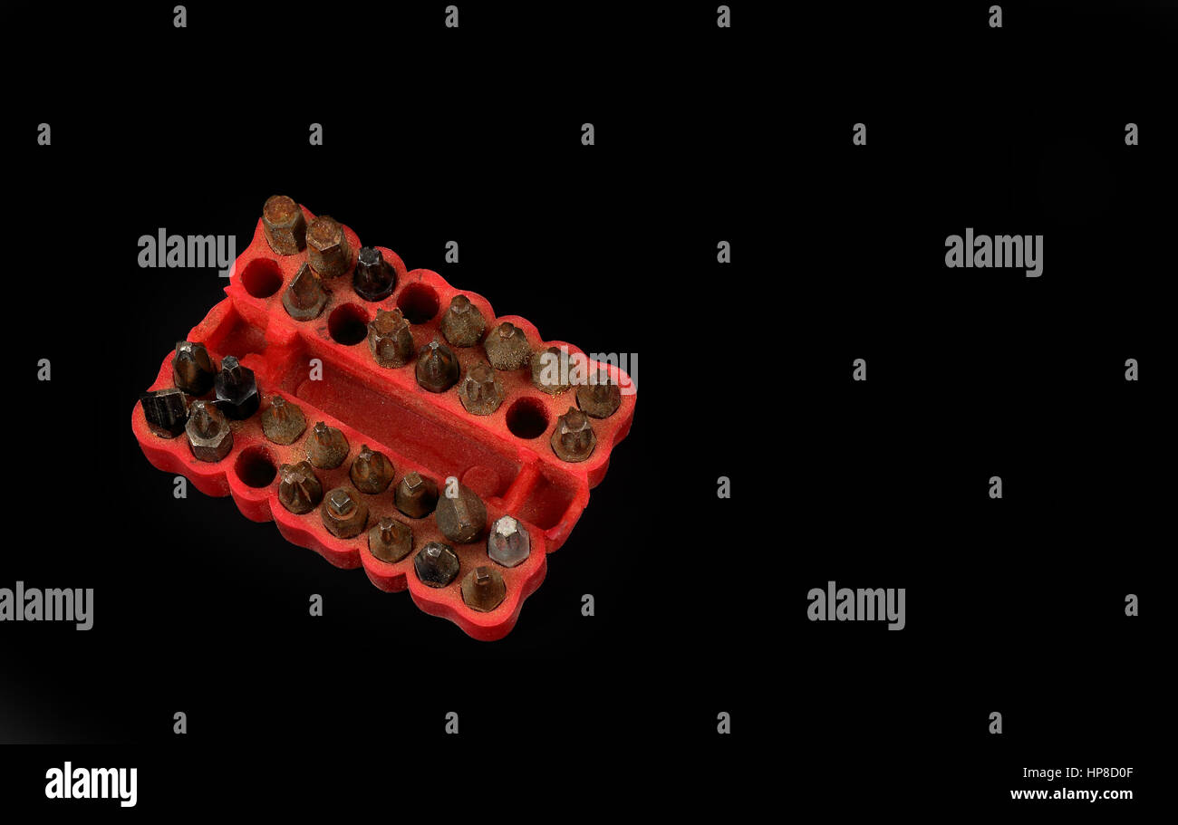 Utilizzate punte cacciavite in una gomma rosso scatola di agenda elettronica Foto Stock
