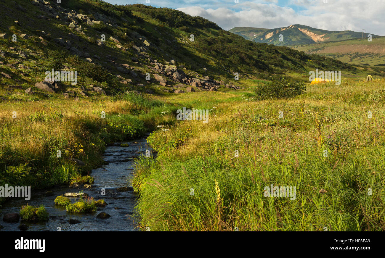 Brookvalley Spokoyny al piede esterno del nord-est della pendenza della caldera del vulcano Gorely. Foto Stock