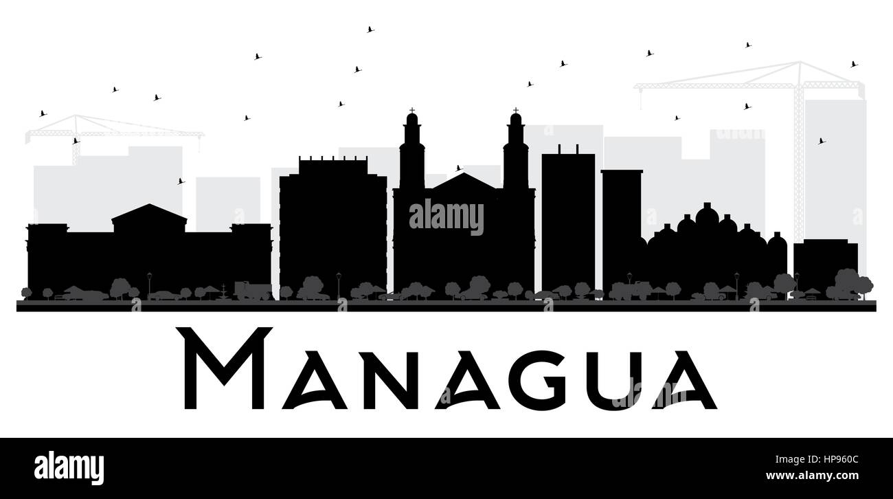 Managua skyline della città in bianco e nero silhouette. illustrazione vettoriale. semplice piatto concetto per il turismo presentazione, banner, cartellone o sito web. Illustrazione Vettoriale