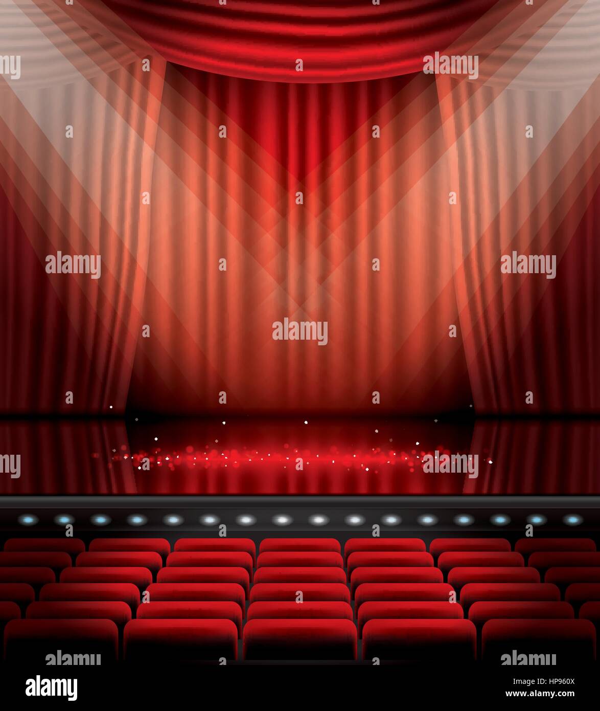 Aprire tende rosse con posti a sedere e spazio copia. illustrazione vettoriale. teatro, opera o il cinema scena. luce su un pavimento. Illustrazione Vettoriale