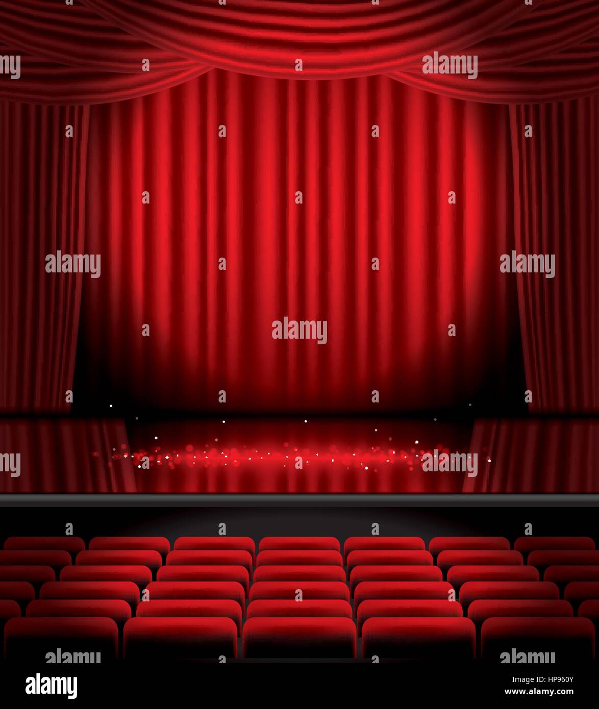Aprire tende rosse con posti a sedere e spazio copia. illustrazione vettoriale. teatro, opera o il cinema scena. luce su un pavimento. Illustrazione Vettoriale