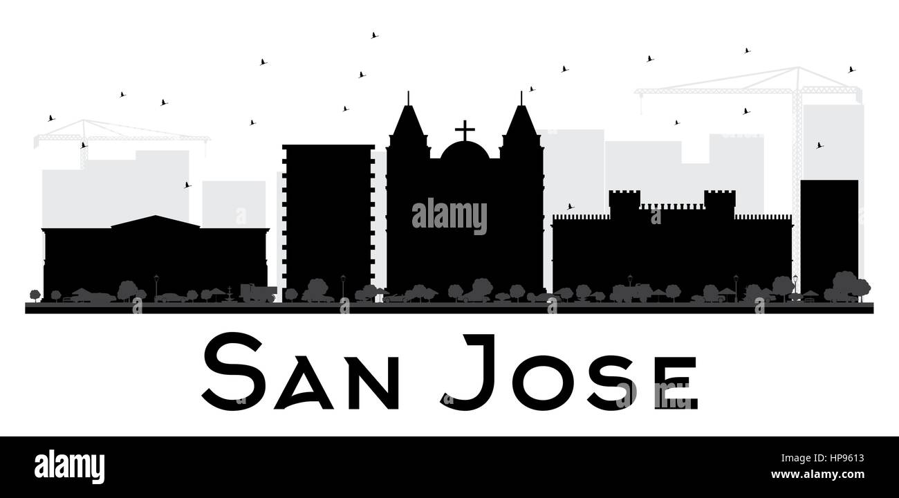 San jose skyline della città in bianco e nero silhouette. illustrazione vettoriale. semplice piatto concetto per il turismo presentazione, banner, cartellone o sito web. Illustrazione Vettoriale