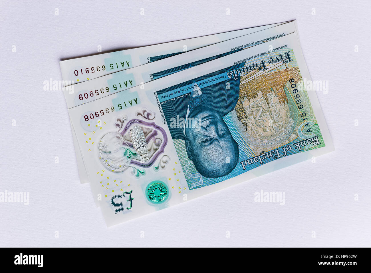 Nuovo Regno Unito cinque pound note numerate consecutivamente Foto Stock